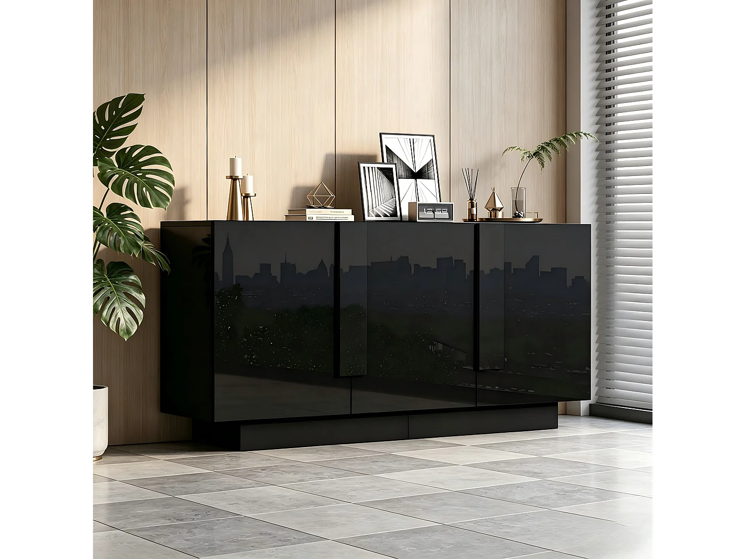 Buffet finition brillante de salon - 160 x 35 x 60 cm - avec 3 portes + 6 étagères - aggloméré - noir