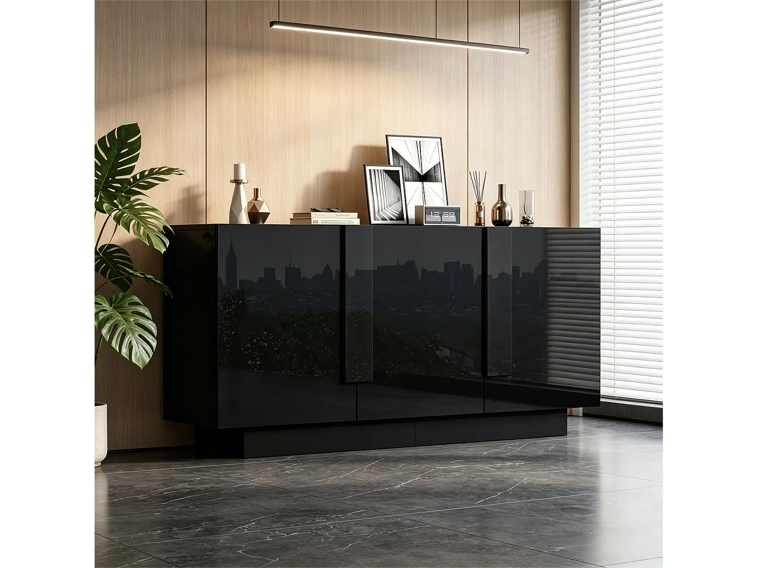 Buffet finition brillante de salon - 160 x 35 x 60 cm - avec 3 portes + 6 étagères - aggloméré - noir