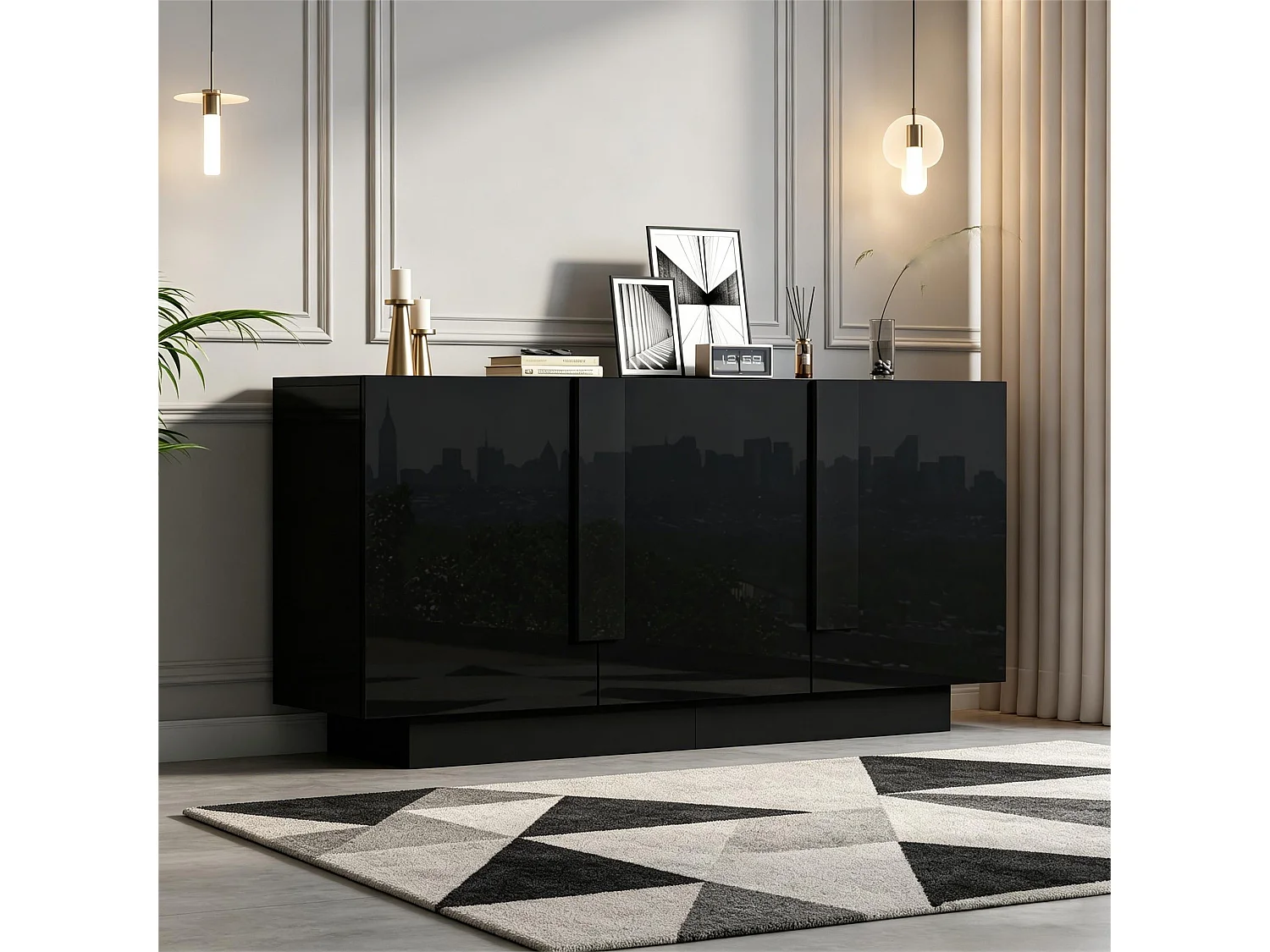 Buffet finition brillante de salon - 160 x 35 x 60 cm - avec 3 portes + 6 étagères - aggloméré - noir