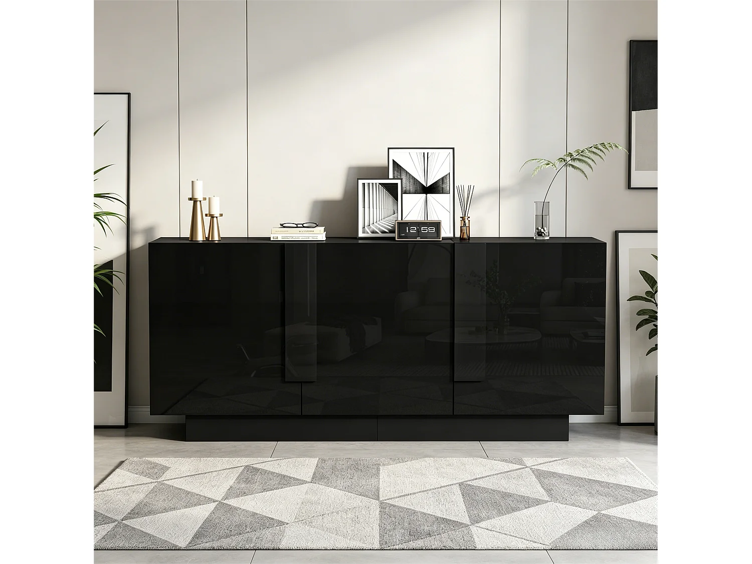 Buffet finition brillante de salon - 160 x 35 x 60 cm - avec 3 portes + 6 étagères - aggloméré - noir