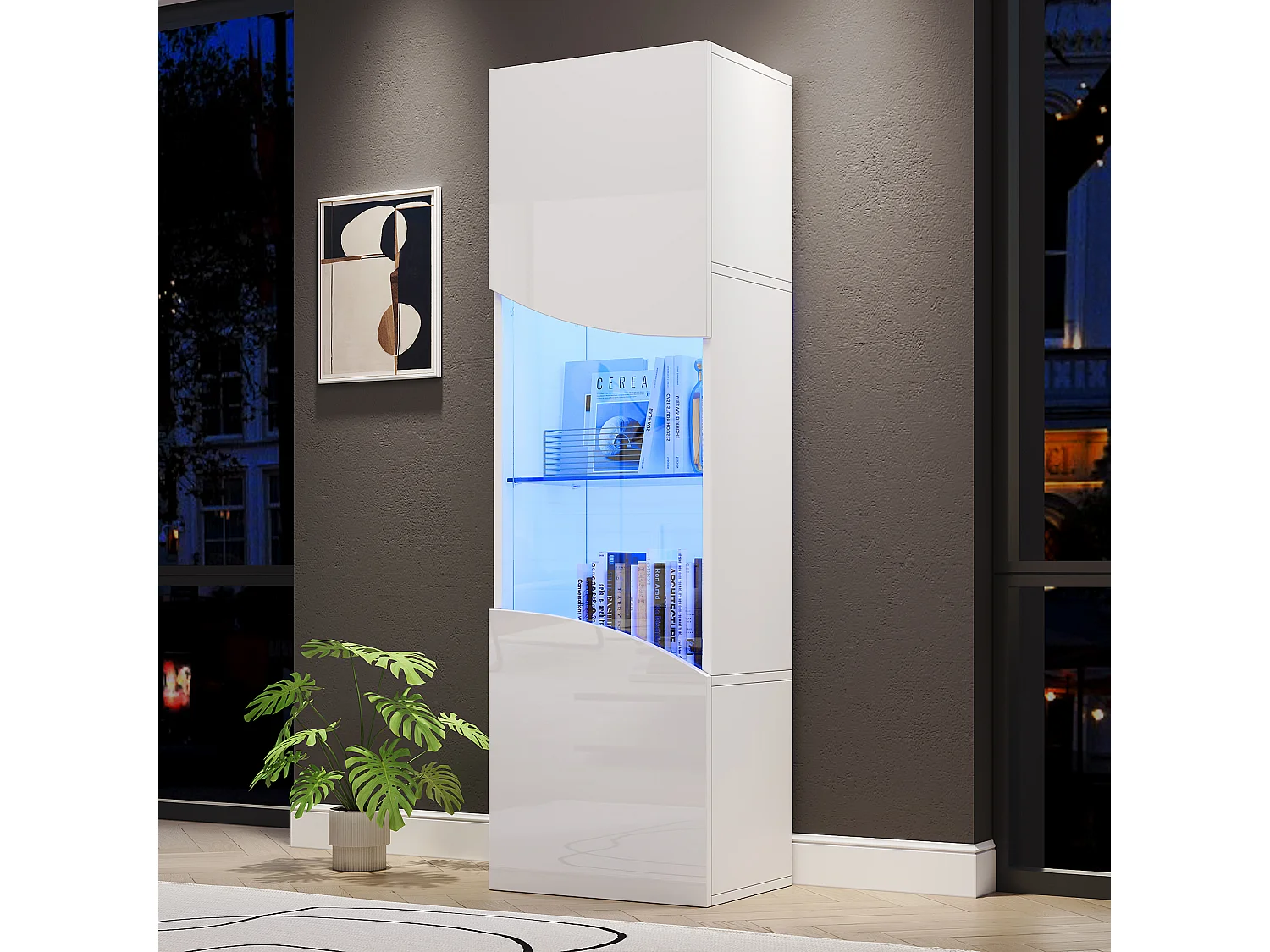 Wohnzimmer-Vitrine – 50 x 35 x 165 cm – mit hochlackierten Türen und LEDs – Spanplatte – weiß