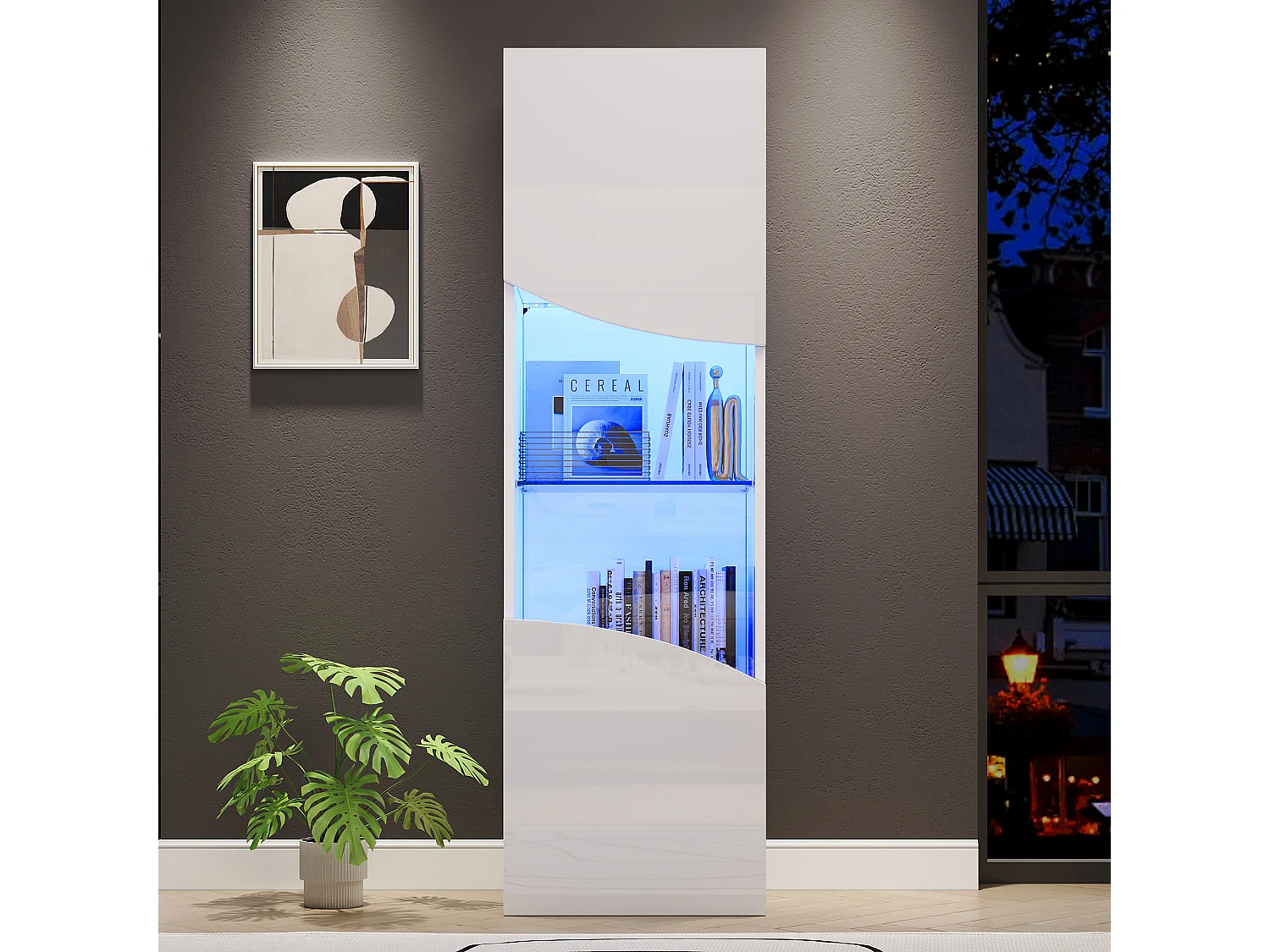 Wohnzimmer-Vitrine – 50 x 35 x 165 cm – mit hochlackierten Türen und LEDs – Spanplatte – weiß