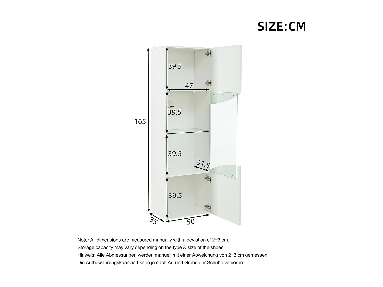 Wohnzimmer-Vitrine – 50 x 35 x 165 cm – mit hochlackierten Türen und LEDs – Spanplatte – weiß