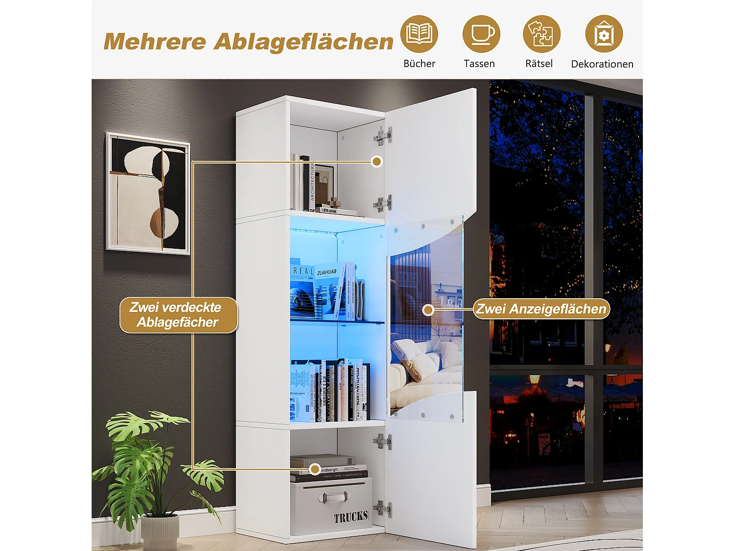Wohnzimmer-Vitrine – 50 x 35 x 165 cm – mit hochlackierten Türen und LEDs – Spanplatte – weiß