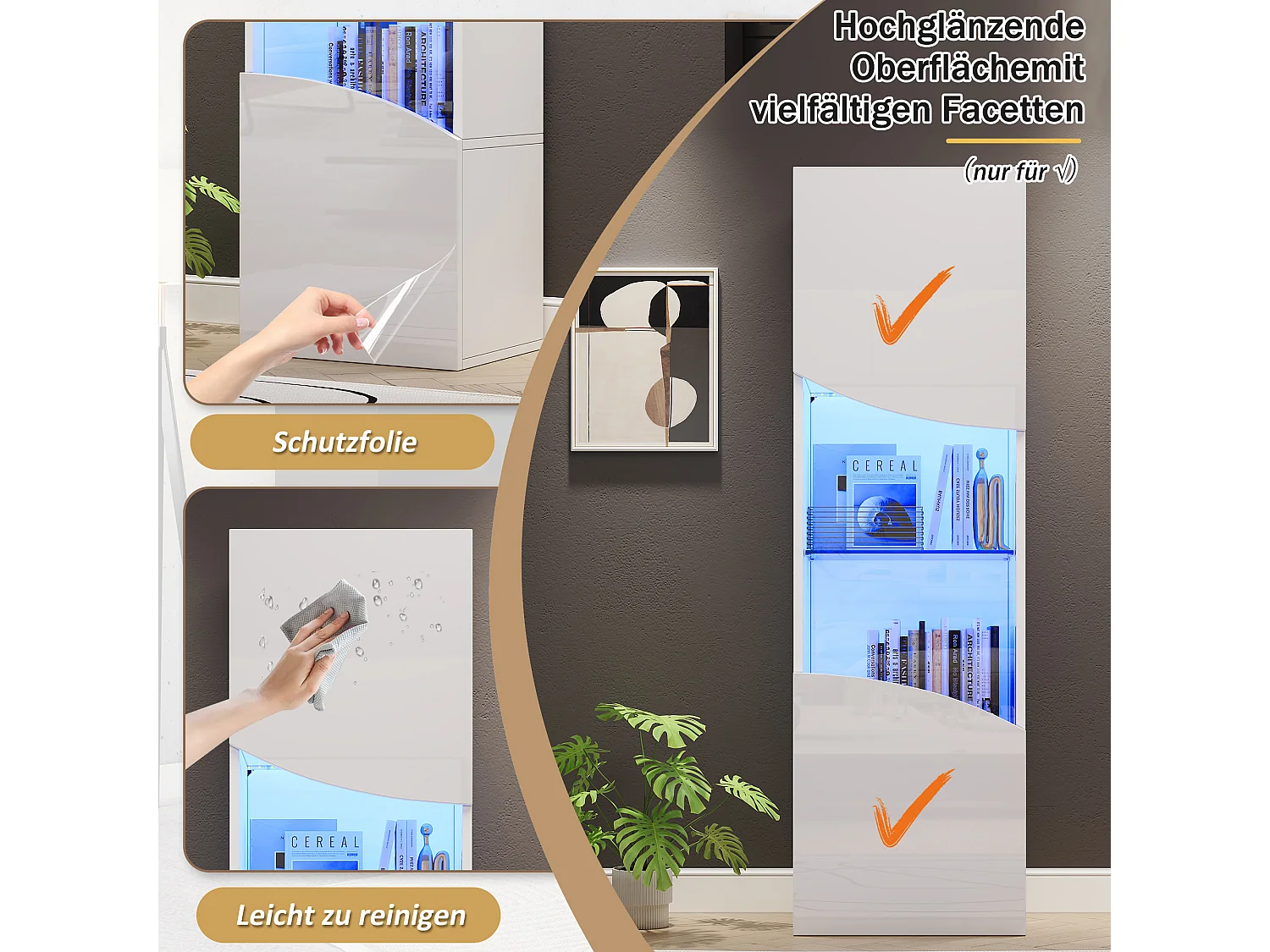 Wohnzimmer-Vitrine – 50 x 35 x 165 cm – mit hochlackierten Türen und LEDs – Spanplatte – weiß