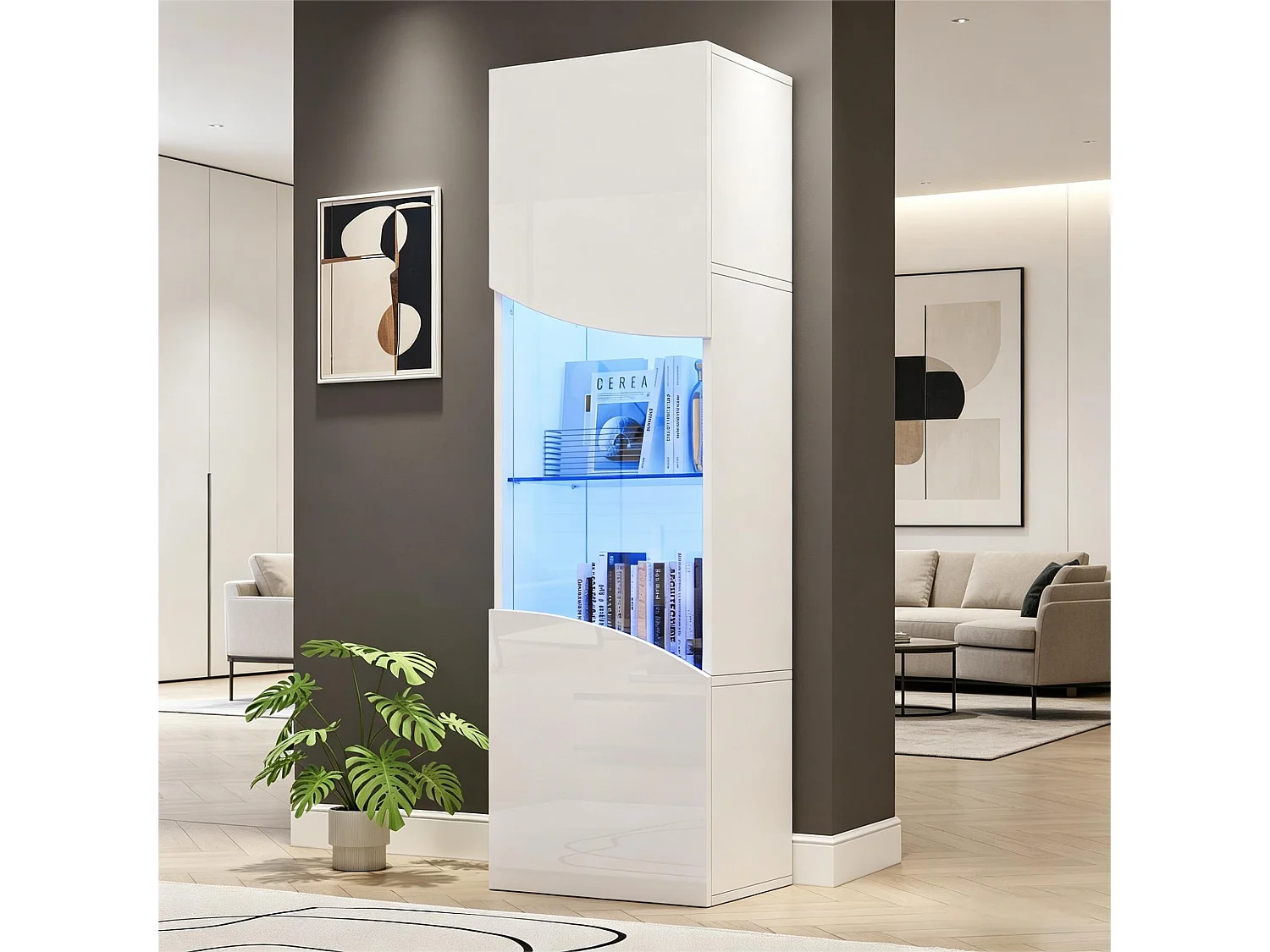 Wohnzimmer-Vitrine – 50 x 35 x 165 cm – mit hochlackierten Türen und LEDs – Spanplatte – weiß