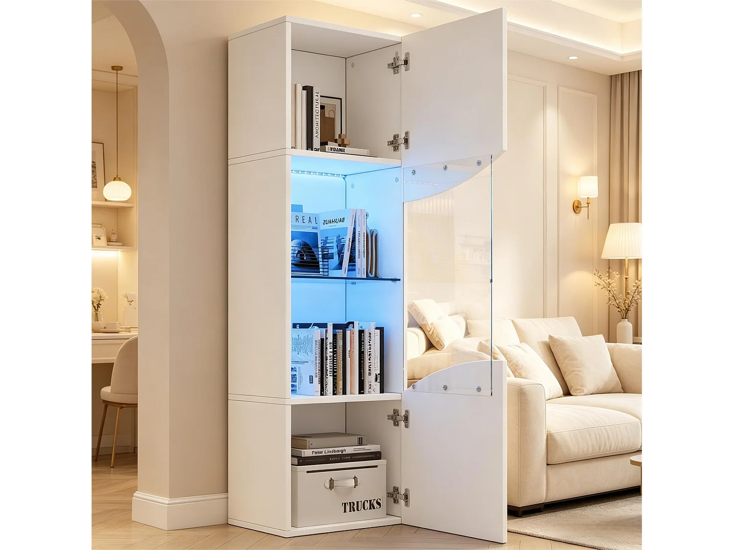 Wohnzimmer-Vitrine – 50 x 35 x 165 cm – mit hochlackierten Türen und LEDs – Spanplatte – weiß