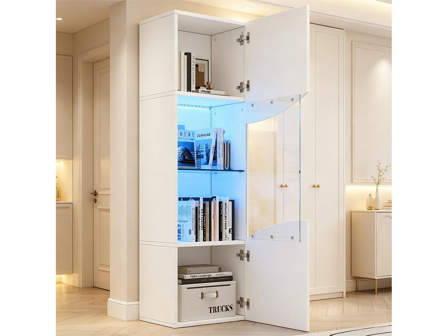 Wohnzimmer-Vitrine – 50 x 35 x 165 cm – mit hochlackierten Türen und LEDs – Spanplatte – weiß