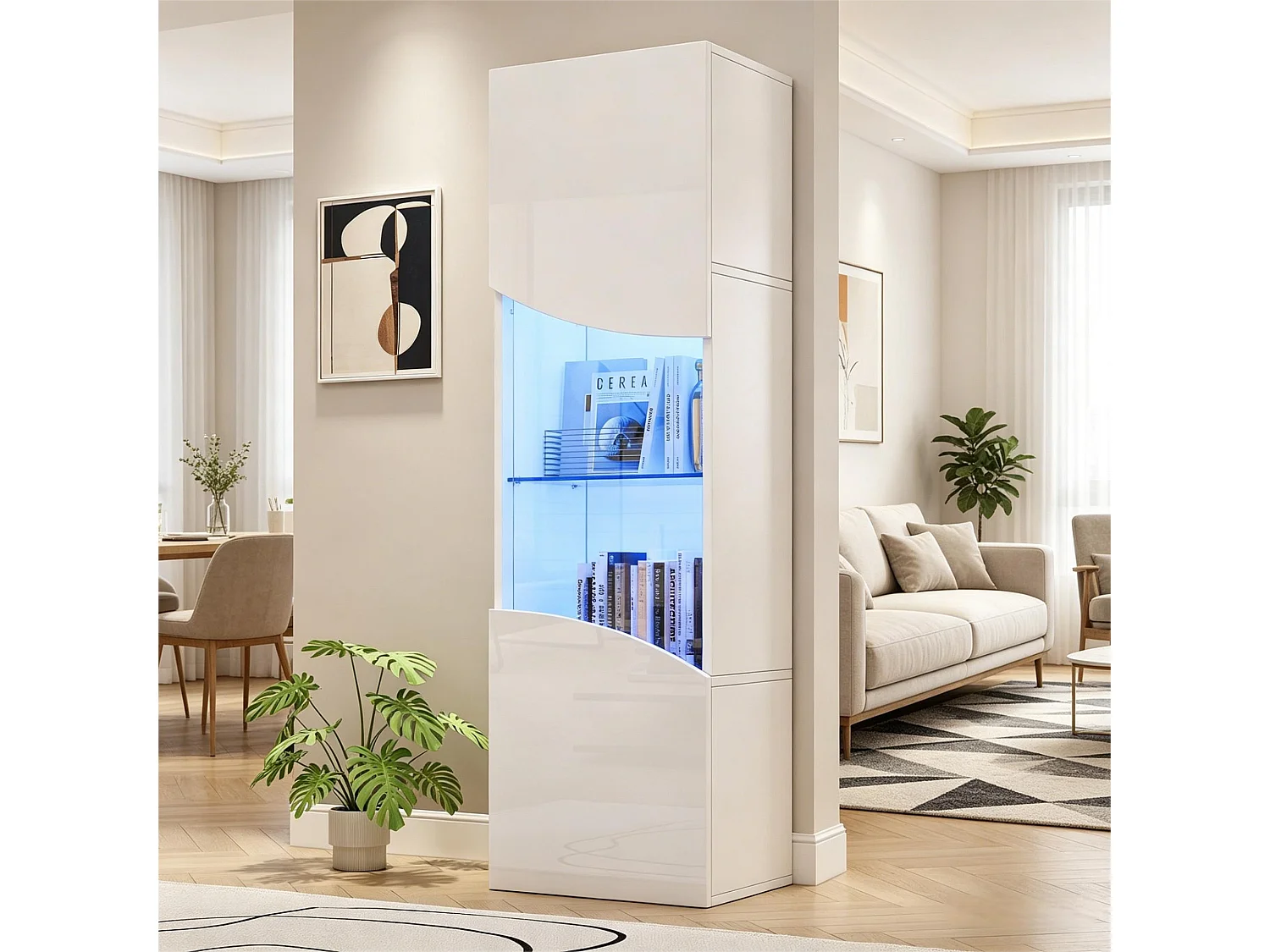 Wohnzimmer-Vitrine – 50 x 35 x 165 cm – mit hochlackierten Türen und LEDs – Spanplatte – weiß