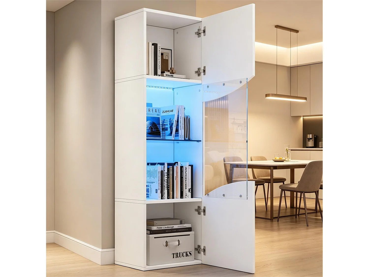 Wohnzimmer-Vitrine – 50 x 35 x 165 cm – mit hochlackierten Türen und LEDs – Spanplatte – weiß