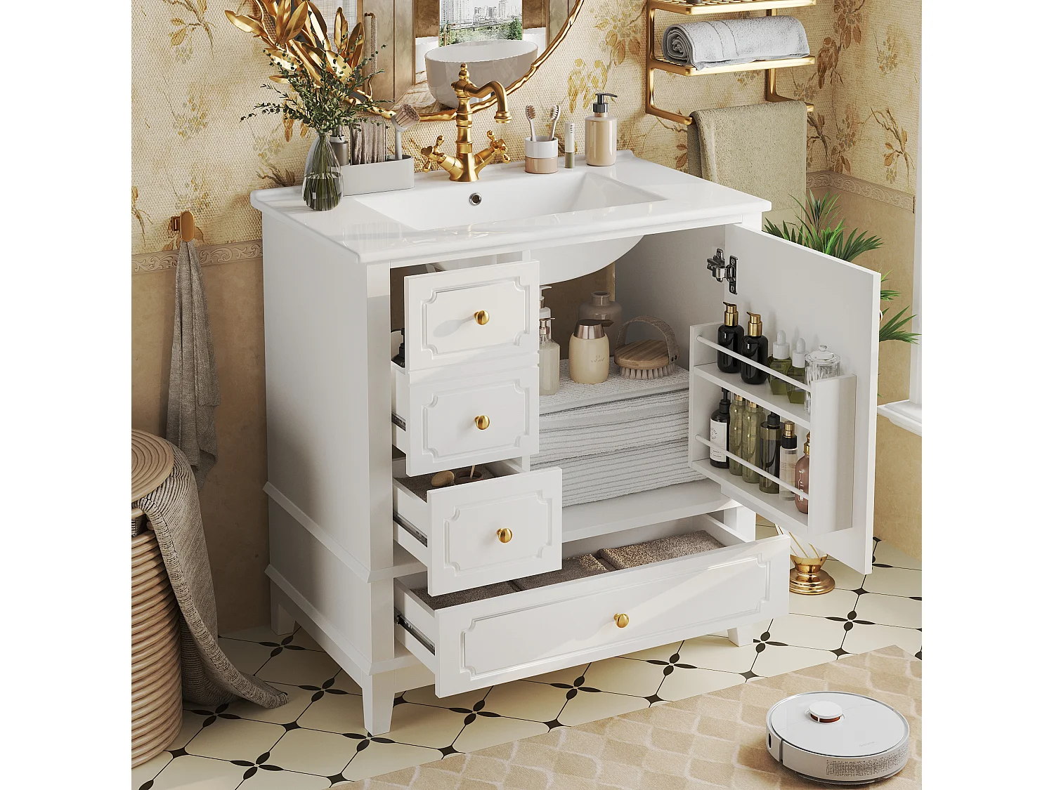 Szafka łazienkowa z umywalką ceramiczną - 76,5 x 47 x 87,5 cm - z szufladami + 1 drzwi - MDF - biała