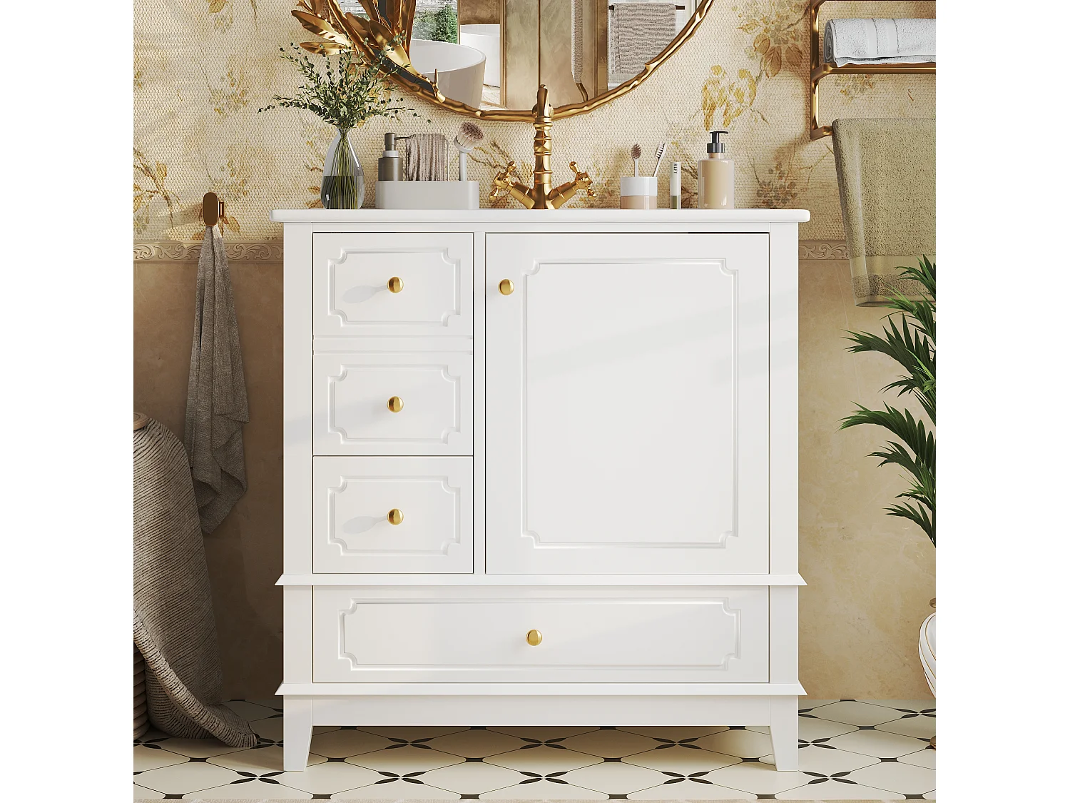Szafka łazienkowa z umywalką ceramiczną - 76,5 x 47 x 87,5 cm - z szufladami + 1 drzwi - MDF - biała