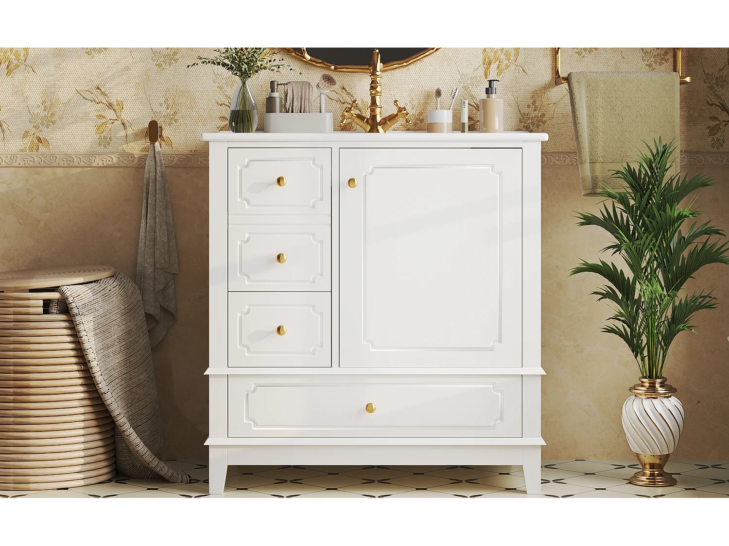 Szafka łazienkowa z umywalką ceramiczną - 76,5 x 47 x 87,5 cm - z szufladami + 1 drzwi - MDF - biała