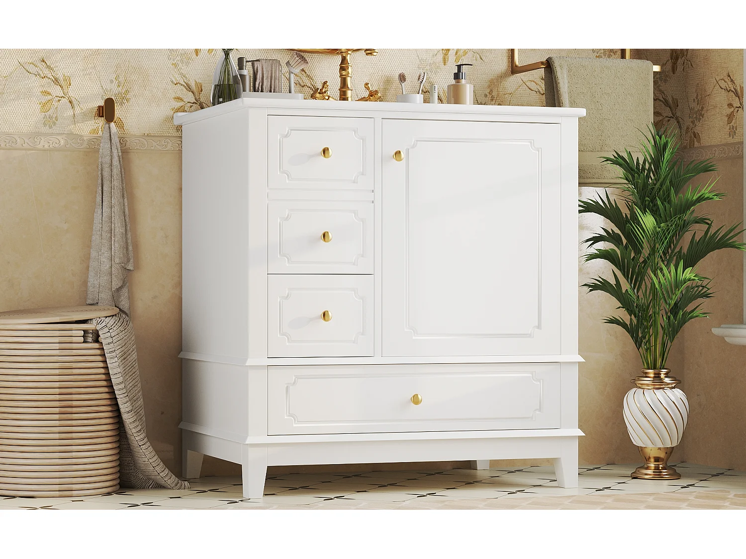 Szafka łazienkowa z umywalką ceramiczną - 76,5 x 47 x 87,5 cm - z szufladami + 1 drzwi - MDF - biała
