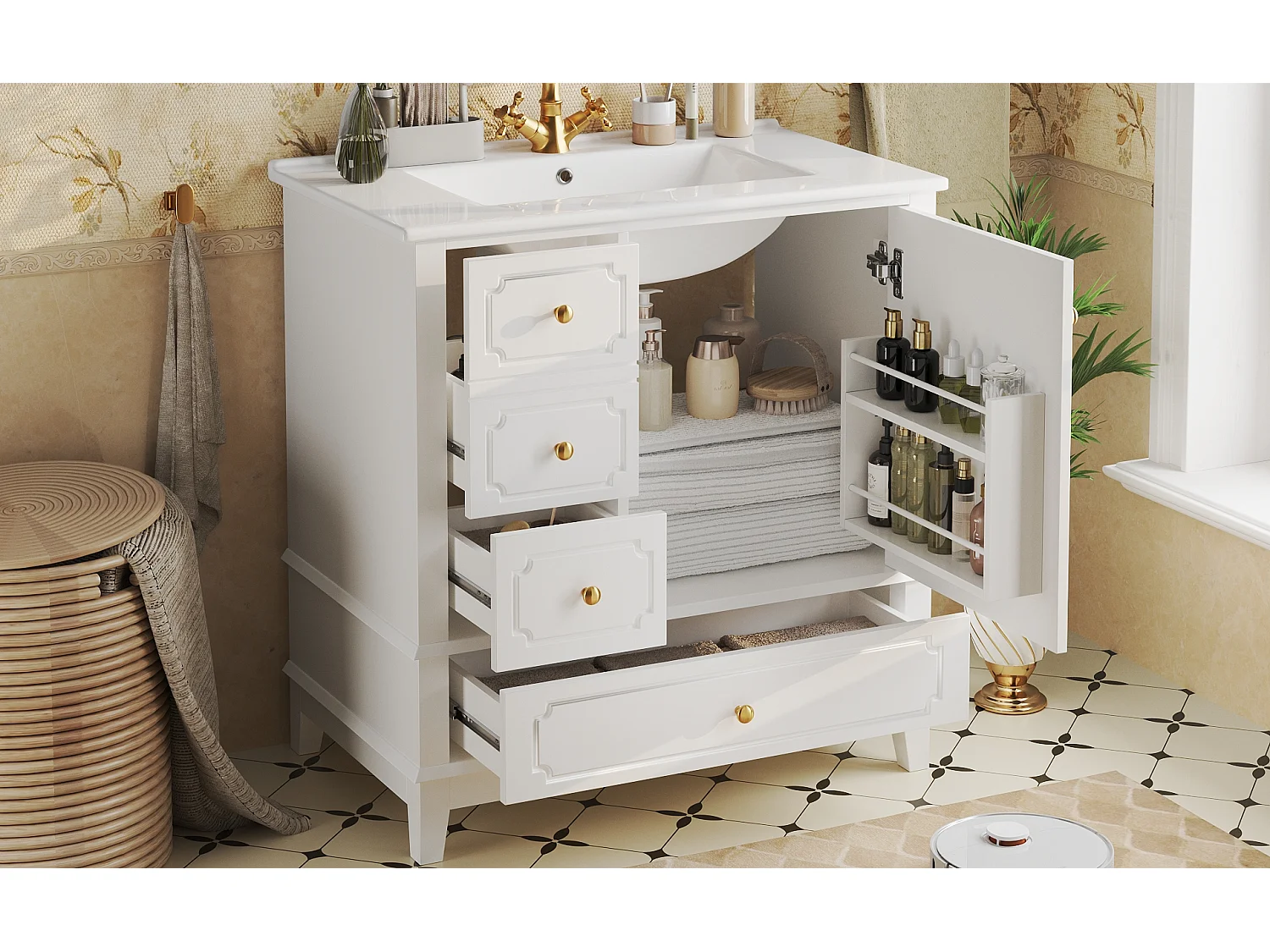 Szafka łazienkowa z umywalką ceramiczną - 76,5 x 47 x 87,5 cm - z szufladami + 1 drzwi - MDF - biała