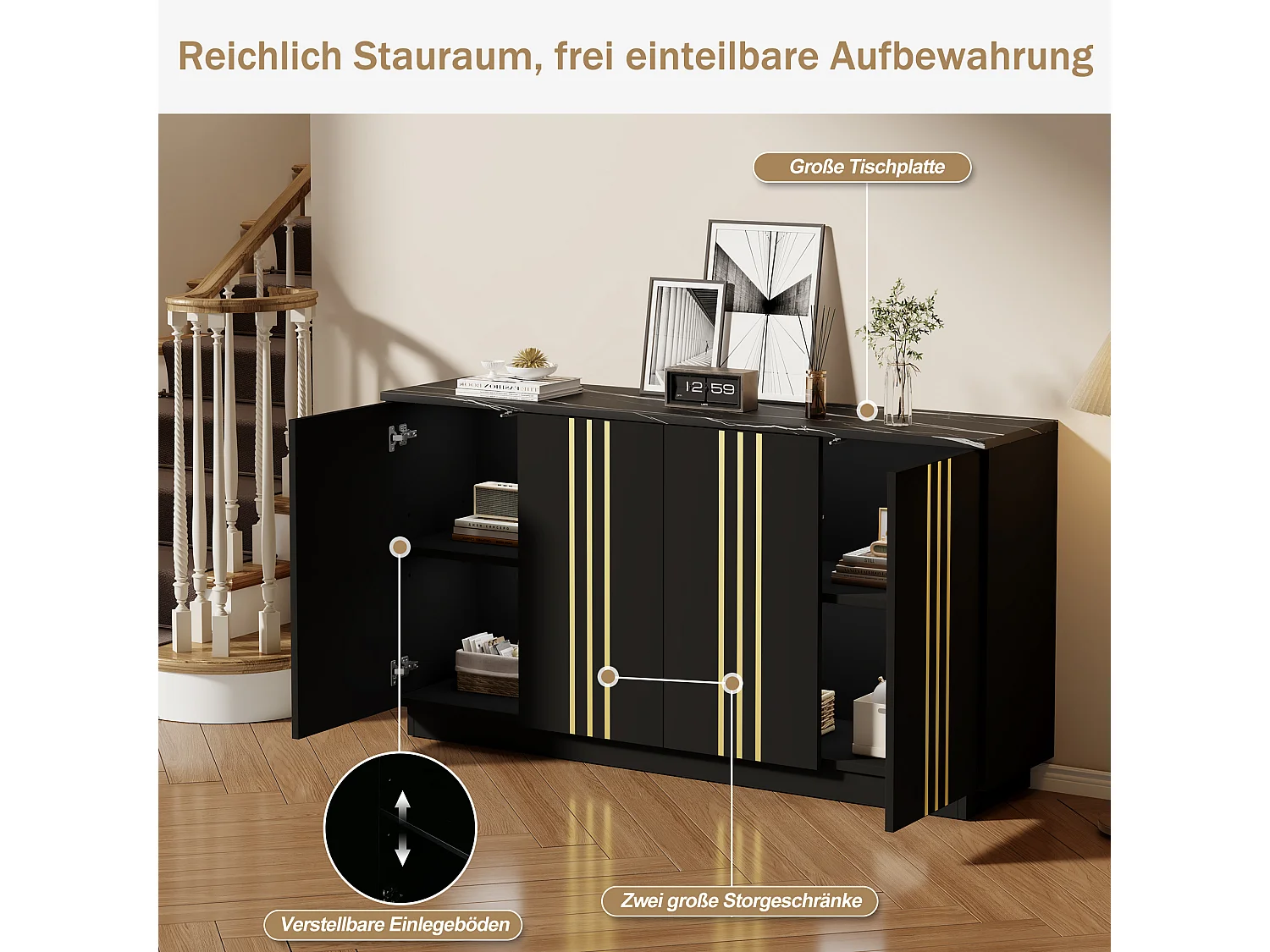 Modernes Wohnzimmer-Sideboard – 140 x 35 x 70 cm – mit 4 Türen – Design mit goldenen Linien verziert – Spanplatte – schwarz