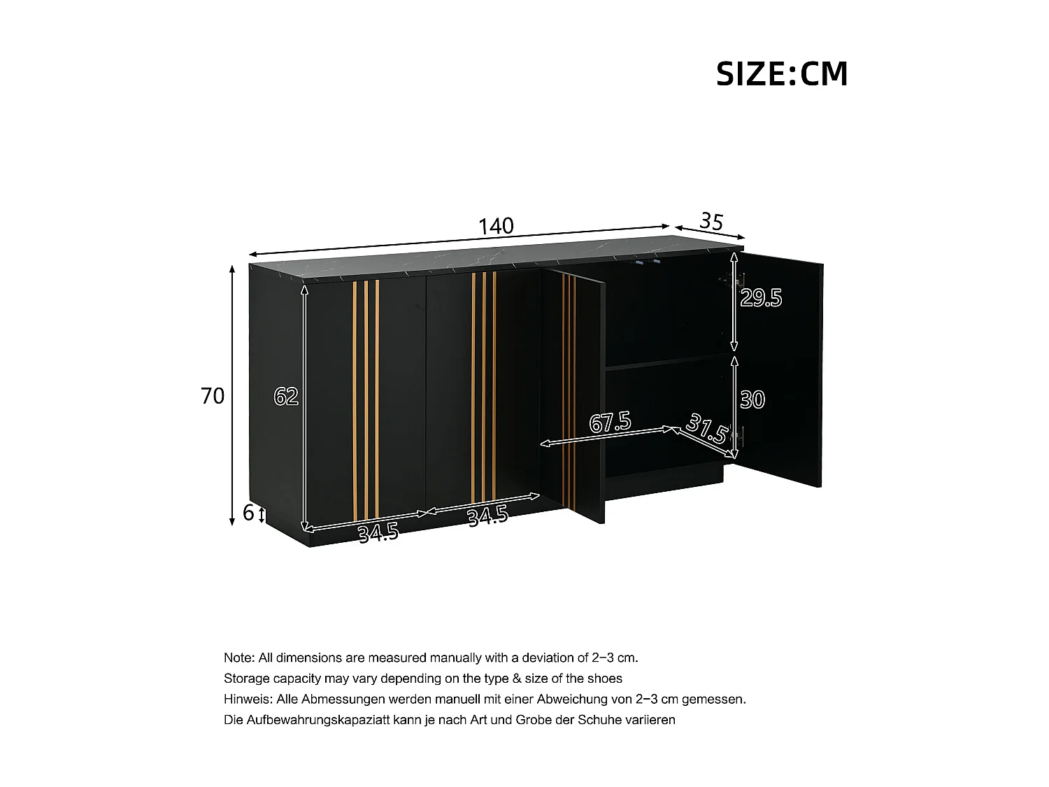 Modernes Wohnzimmer-Sideboard – 140 x 35 x 70 cm – mit 4 Türen – Design mit goldenen Linien verziert – Spanplatte – schwarz