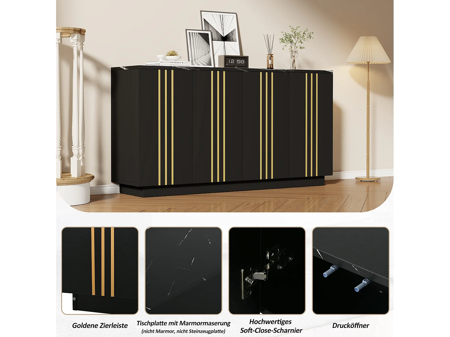 Modernes Wohnzimmer-Sideboard – 140 x 35 x 70 cm – mit 4 Türen – Design mit goldenen Linien verziert – Spanplatte – schwarz