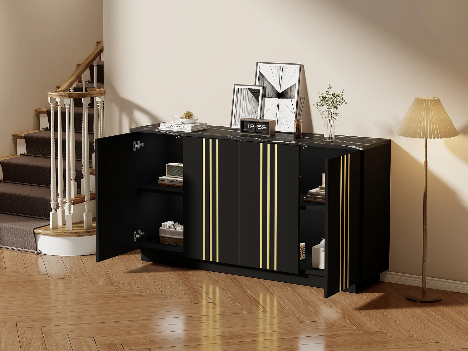 Modernes Wohnzimmer-Sideboard – 140 x 35 x 70 cm – mit 4 Türen – Design mit goldenen Linien verziert – Spanplatte – schwarz
