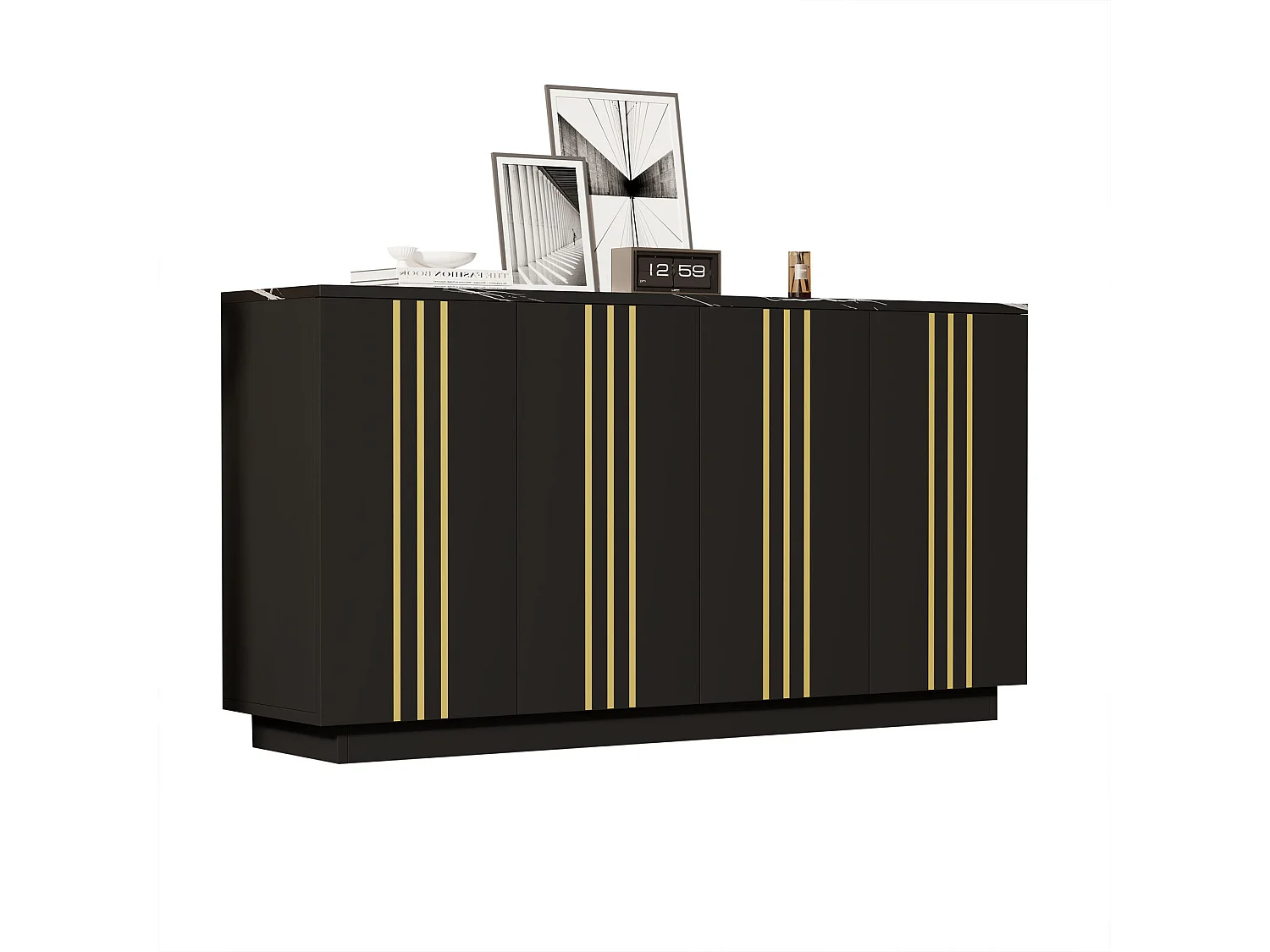 Modernes Wohnzimmer-Sideboard – 140 x 35 x 70 cm – mit 4 Türen – Design mit goldenen Linien verziert – Spanplatte – schwarz