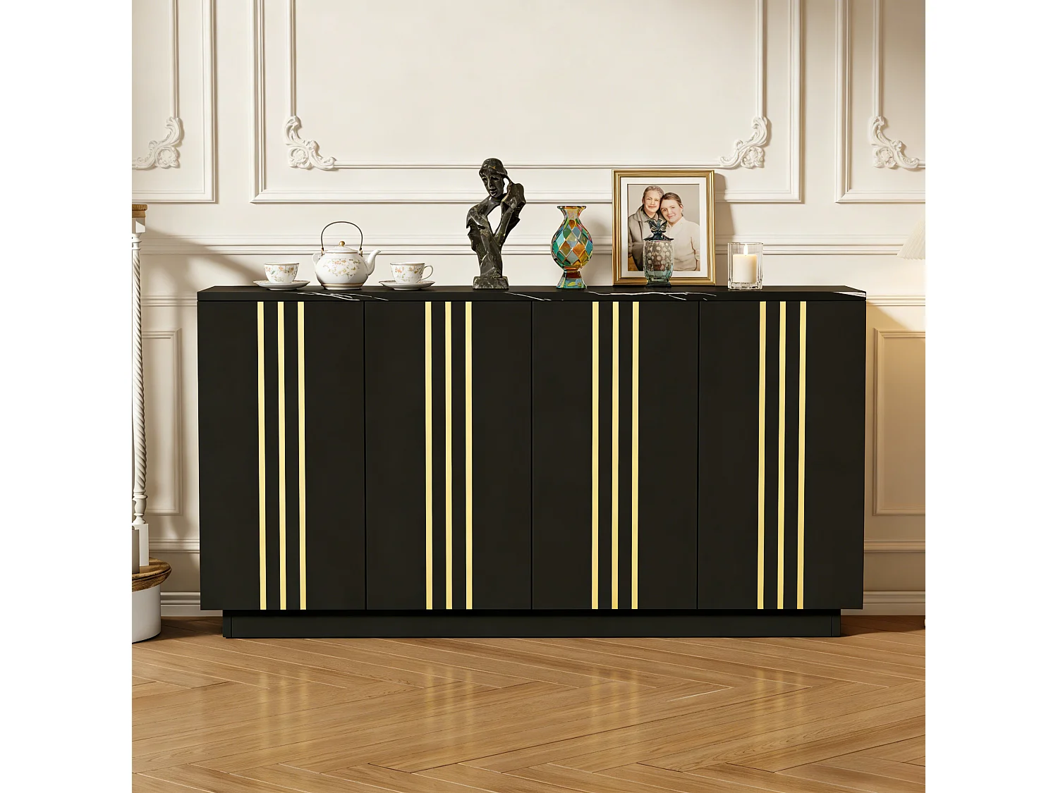 Modernes Wohnzimmer-Sideboard – 140 x 35 x 70 cm – mit 4 Türen – Design mit goldenen Linien verziert – Spanplatte – schwarz