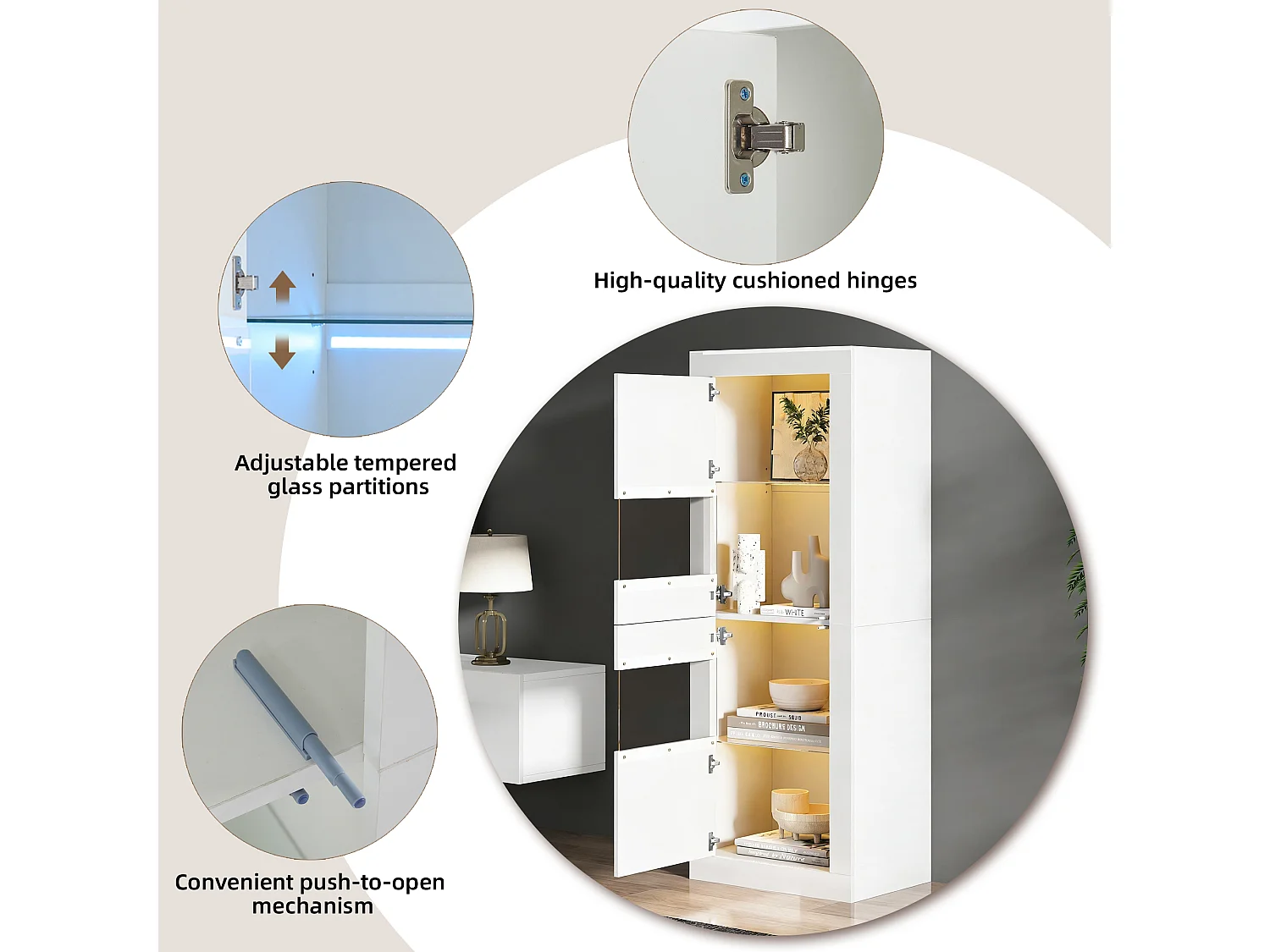 Moderne Vitrine – 61 x 42 x 162 cm – mit LEDs, 1 Glasboden und Tür – Spanplatte – weiß