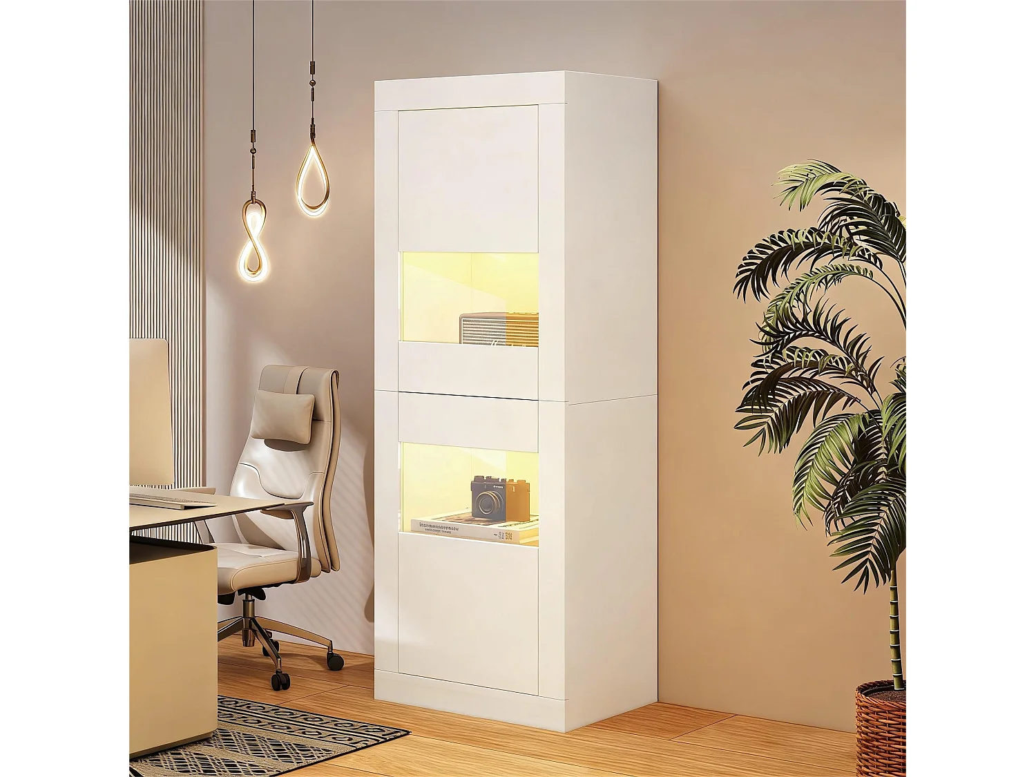 Moderne Vitrine – 61 x 42 x 162 cm – mit LEDs, 1 Glasboden und Tür – Spanplatte – weiß