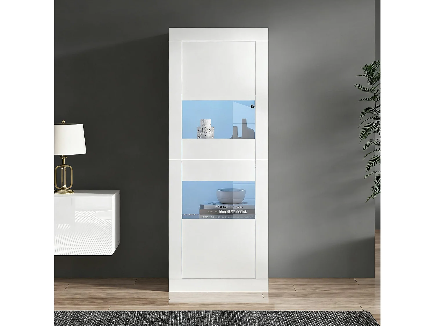 Moderne Vitrine – 61 x 42 x 162 cm – mit LEDs, 1 Glasboden und Tür – Spanplatte – weiß