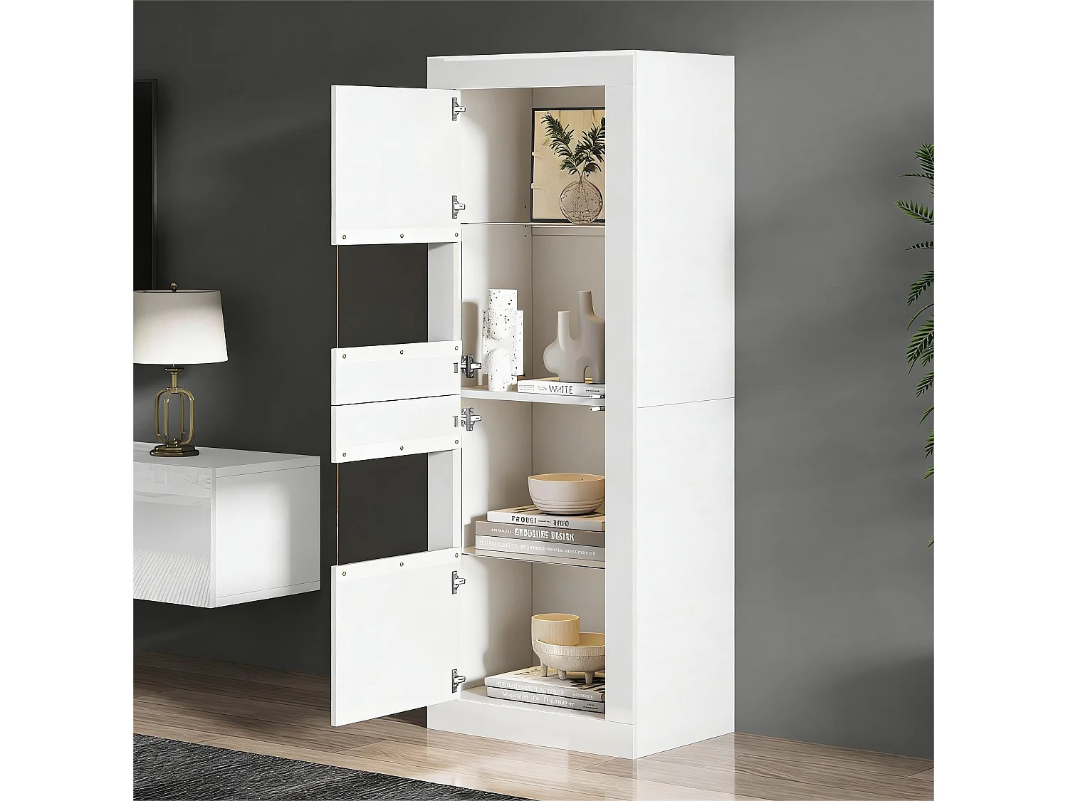 Moderne Vitrine – 61 x 42 x 162 cm – mit LEDs, 1 Glasboden und Tür – Spanplatte – weiß