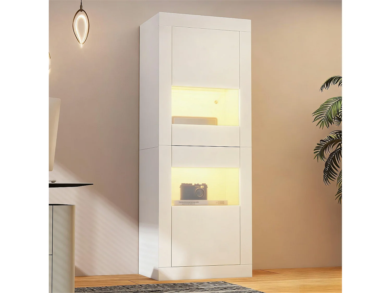 Moderne Vitrine – 61 x 42 x 162 cm – mit LEDs, 1 Glasboden und Tür – Spanplatte – weiß