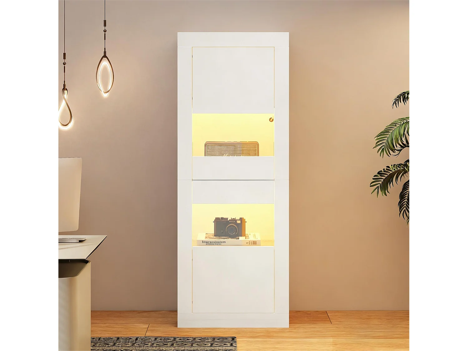 Moderne Vitrine – 61 x 42 x 162 cm – mit LEDs, 1 Glasboden und Tür – Spanplatte – weiß