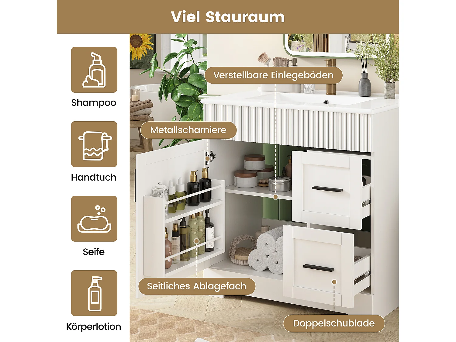 Szafka łazienkowa z umywalką ceramiczną - 81,5 x 47 x 85,5 cm - z szufladami i drzwiami - MDF - biała