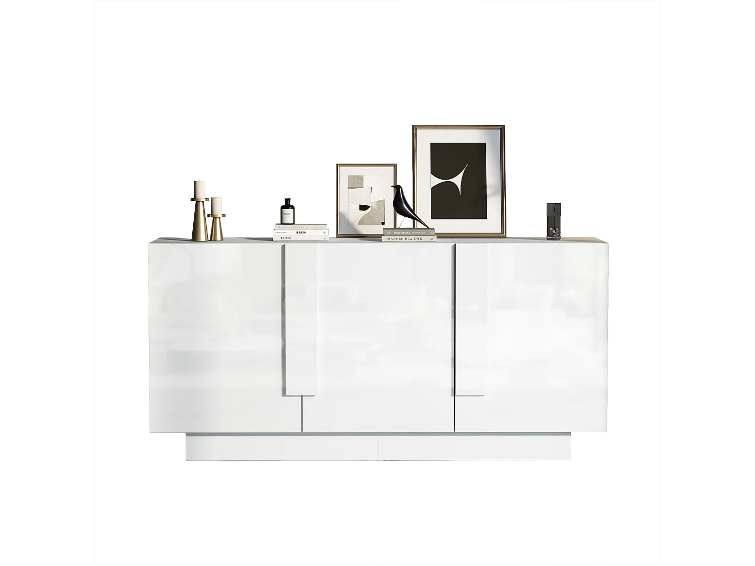 Buffet finition brillante de salon - 160 x 35 x 60 cm - avec 3 portes + 6 étagères - aggloméré - blanc
