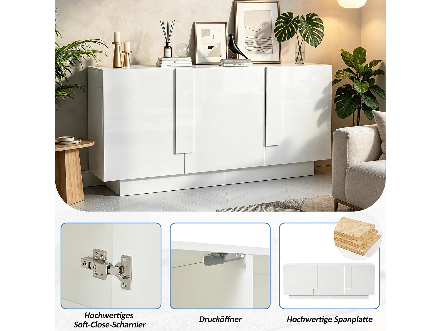 Buffet finition brillante de salon - 160 x 35 x 60 cm - avec 3 portes + 6 étagères - aggloméré - blanc