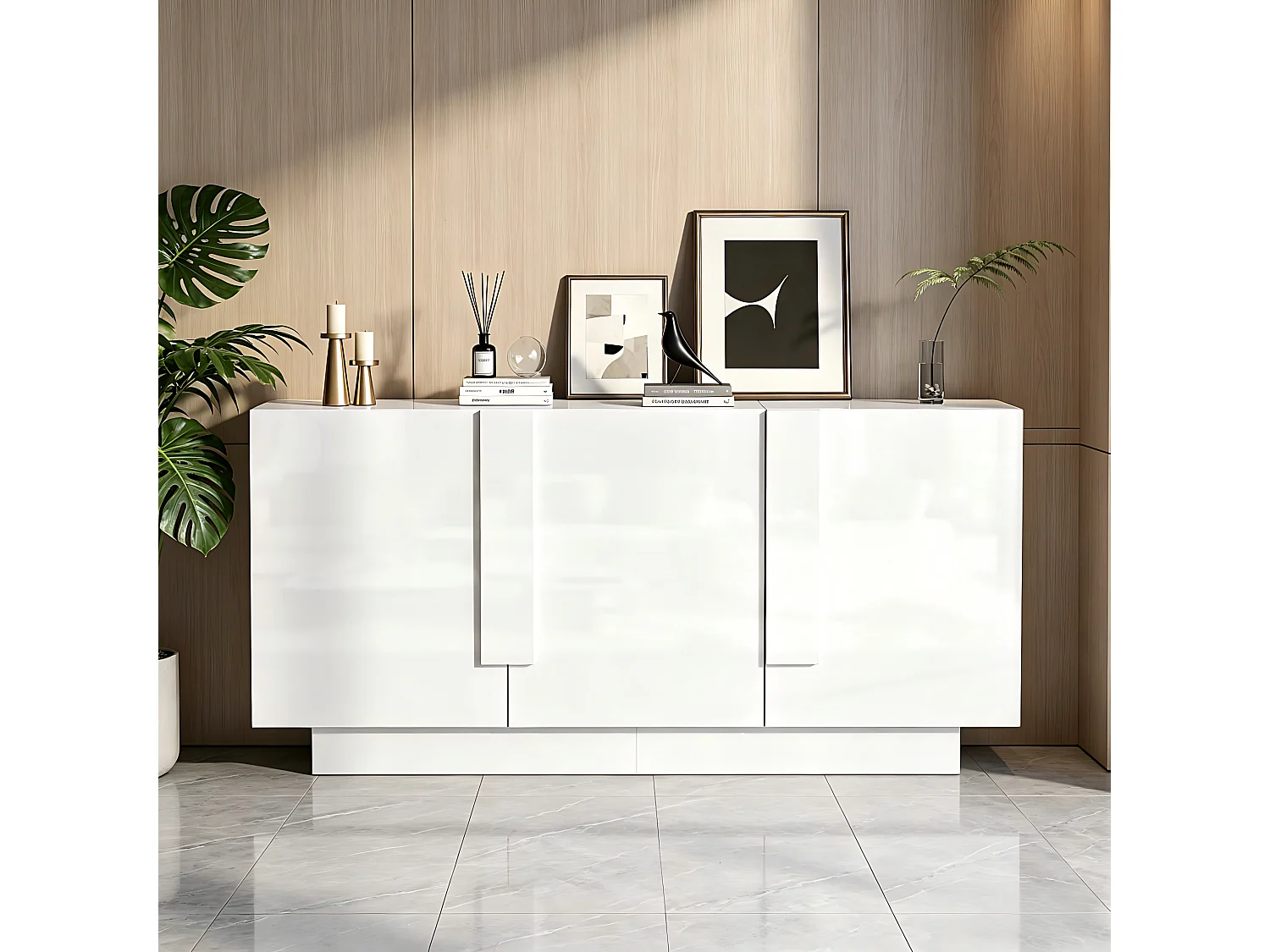 Buffet finition brillante de salon - 160 x 35 x 60 cm - avec 3 portes + 6 étagères - aggloméré - blanc