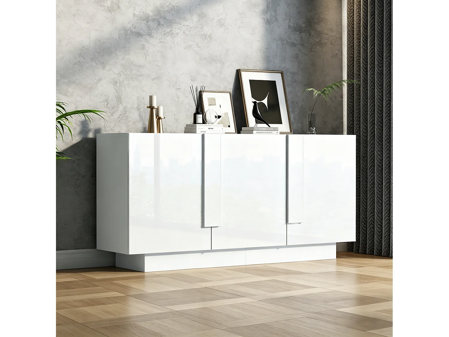 Buffet finition brillante de salon - 160 x 35 x 60 cm - avec 3 portes + 6 étagères - aggloméré - blanc