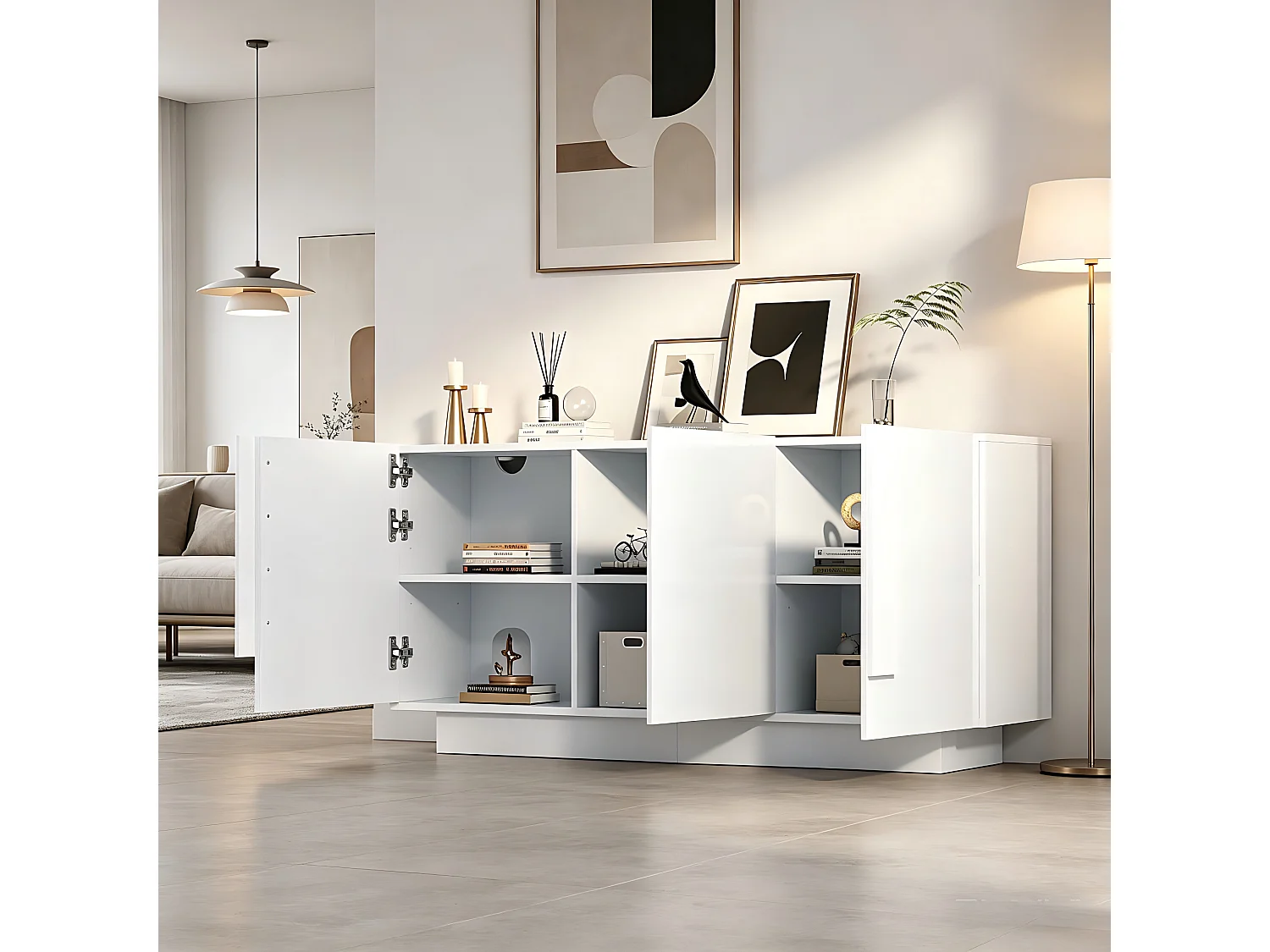 Buffet finition brillante de salon - 160 x 35 x 60 cm - avec 3 portes + 6 étagères - aggloméré - blanc