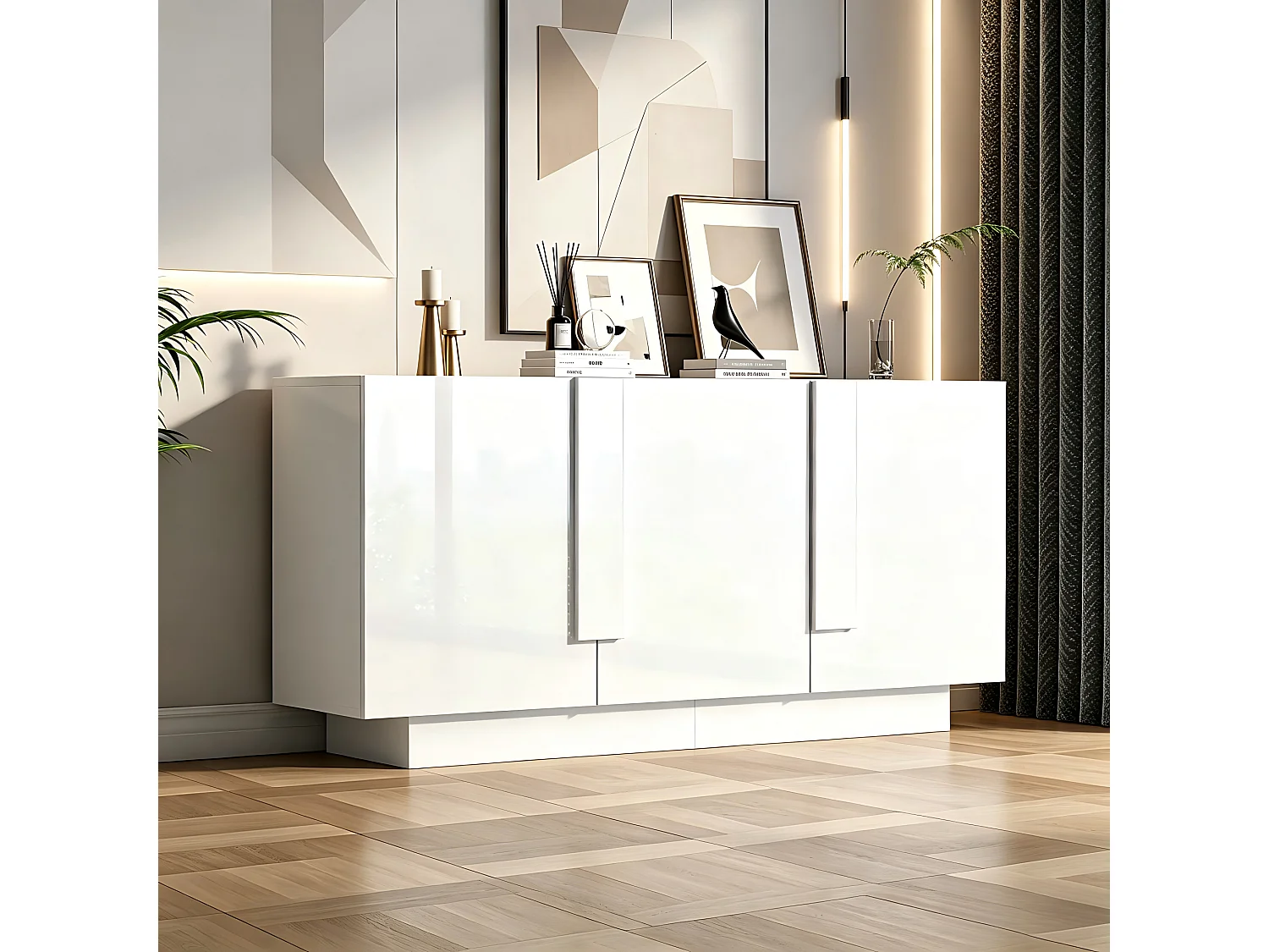 Buffet finition brillante de salon - 160 x 35 x 60 cm - avec 3 portes + 6 étagères - aggloméré - blanc