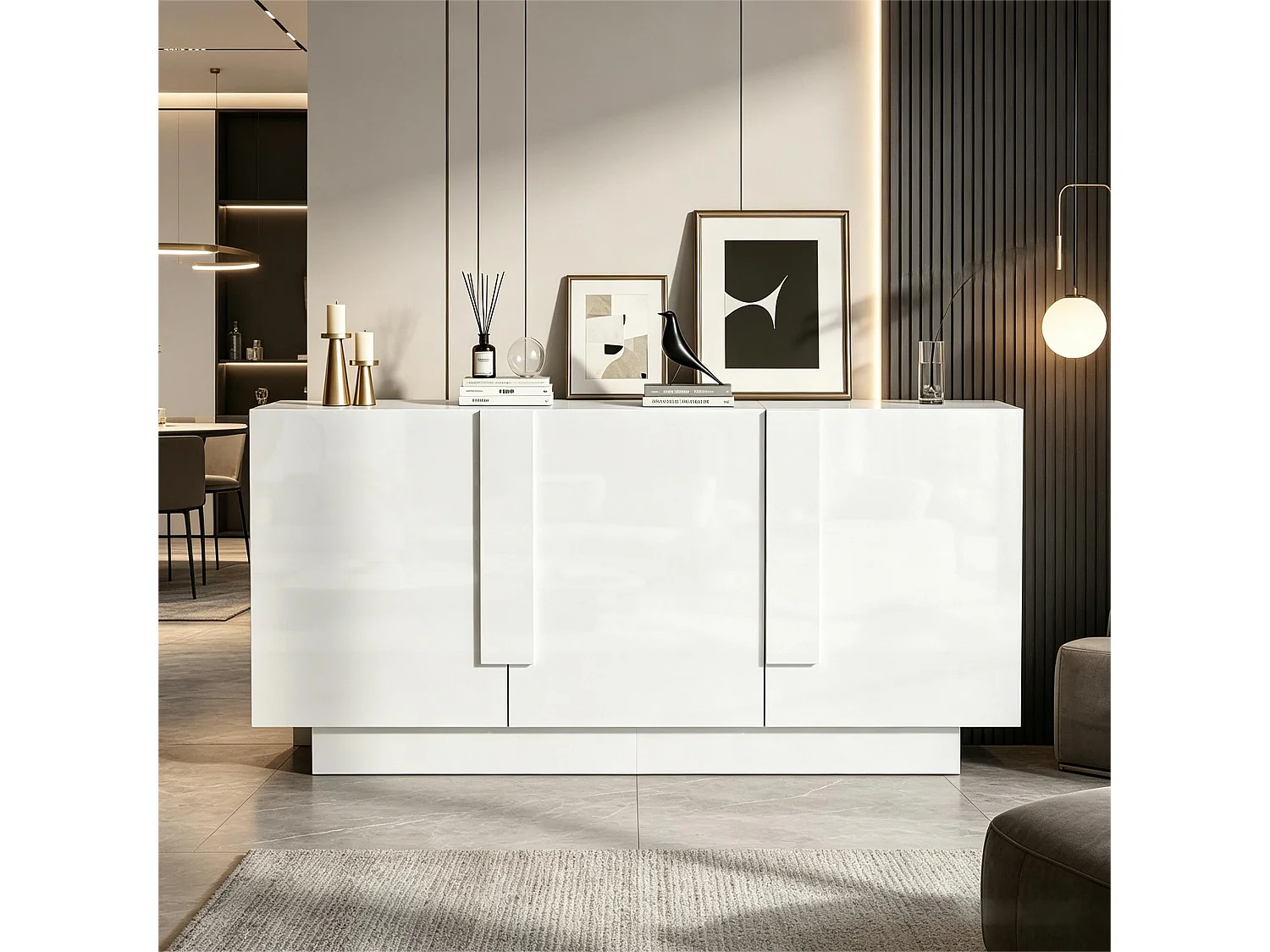 Buffet finition brillante de salon - 160 x 35 x 60 cm - avec 3 portes + 6 étagères - aggloméré - blanc