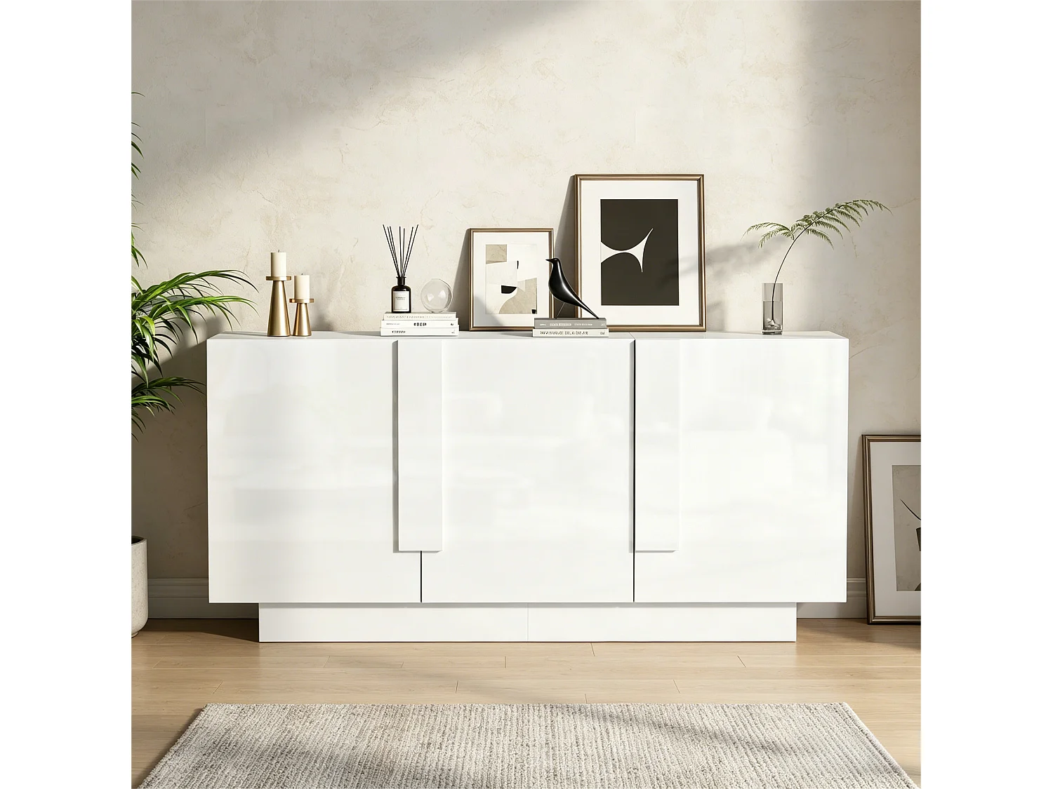 Buffet finition brillante de salon - 160 x 35 x 60 cm - avec 3 portes + 6 étagères - aggloméré - blanc