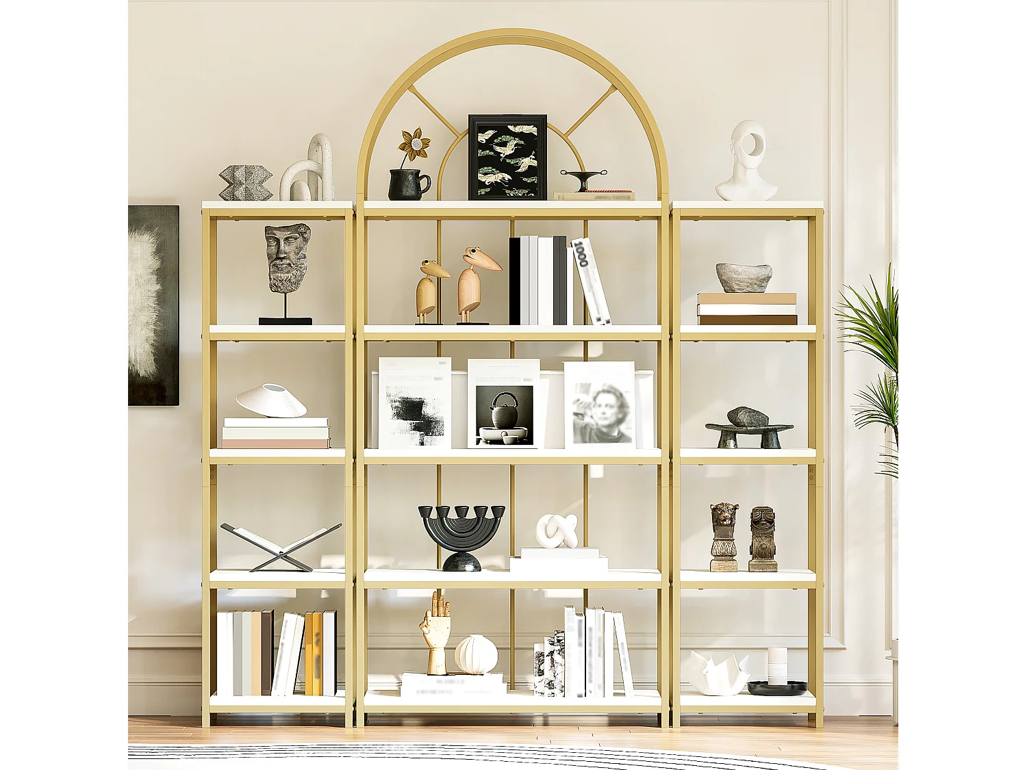 Freistehendes Regal – 163 x 30 x 184 cm – goldfarbenes Metallgestell und MDF-Regalböden – 3-teilig – goldfarben