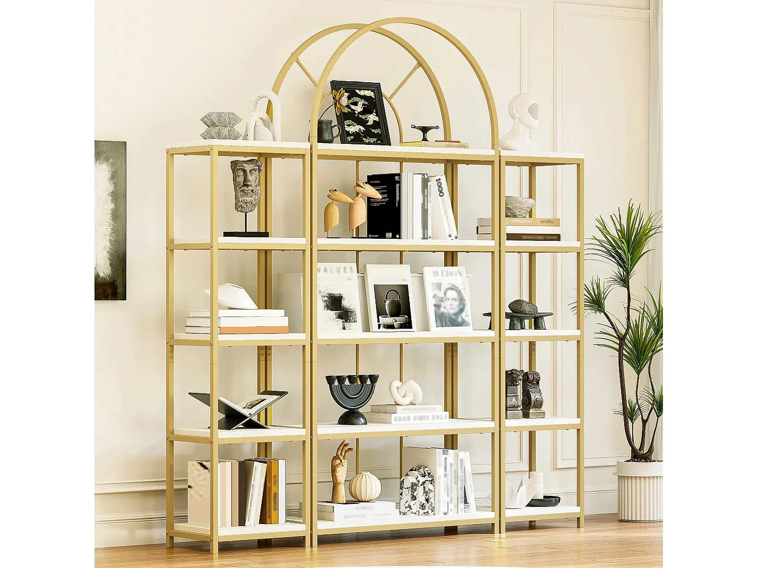 Freistehendes Regal – 163 x 30 x 184 cm – goldfarbenes Metallgestell und MDF-Regalböden – 3-teilig – goldfarben