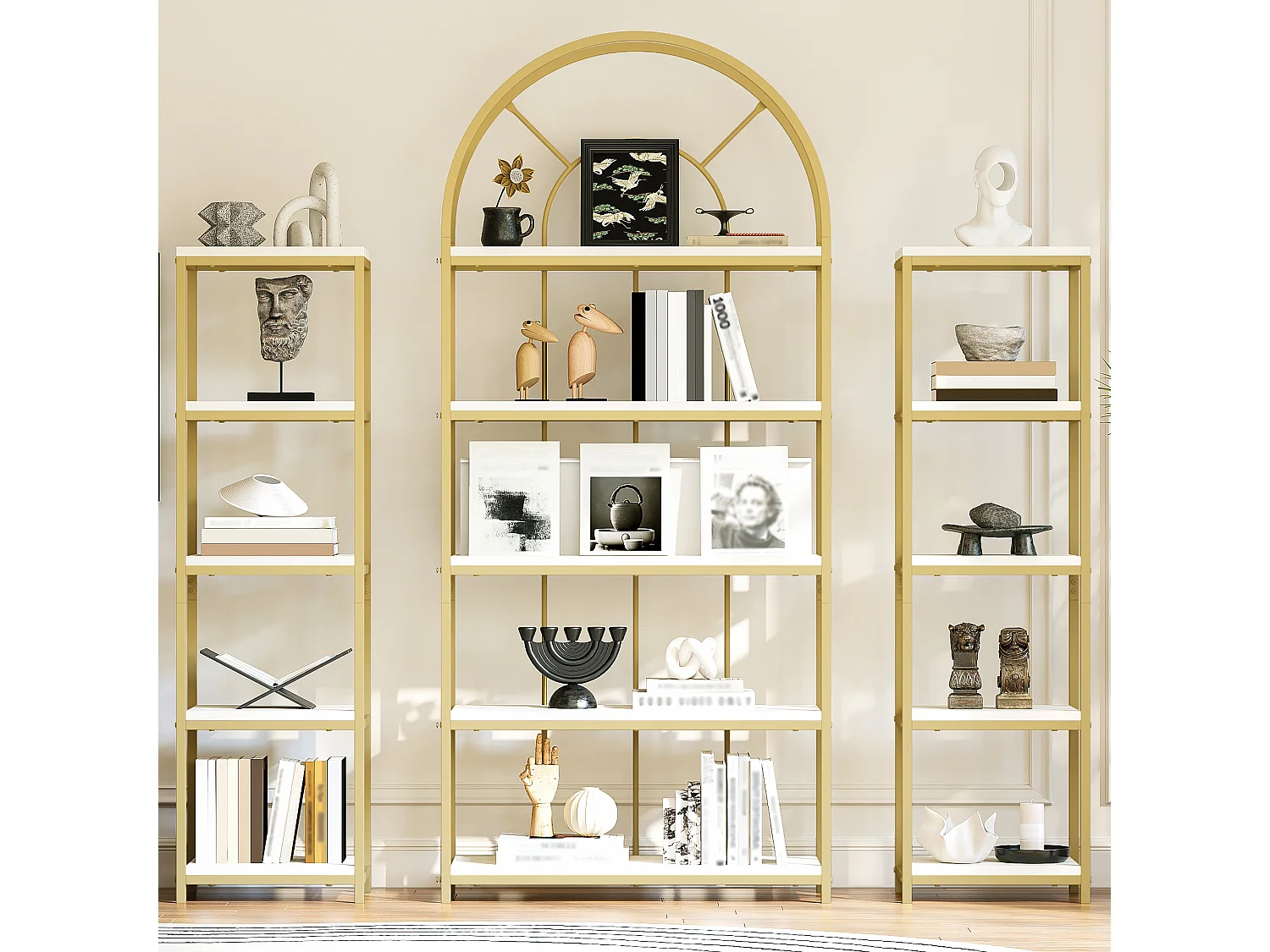 Freistehendes Regal – 163 x 30 x 184 cm – goldfarbenes Metallgestell und MDF-Regalböden – 3-teilig – goldfarben