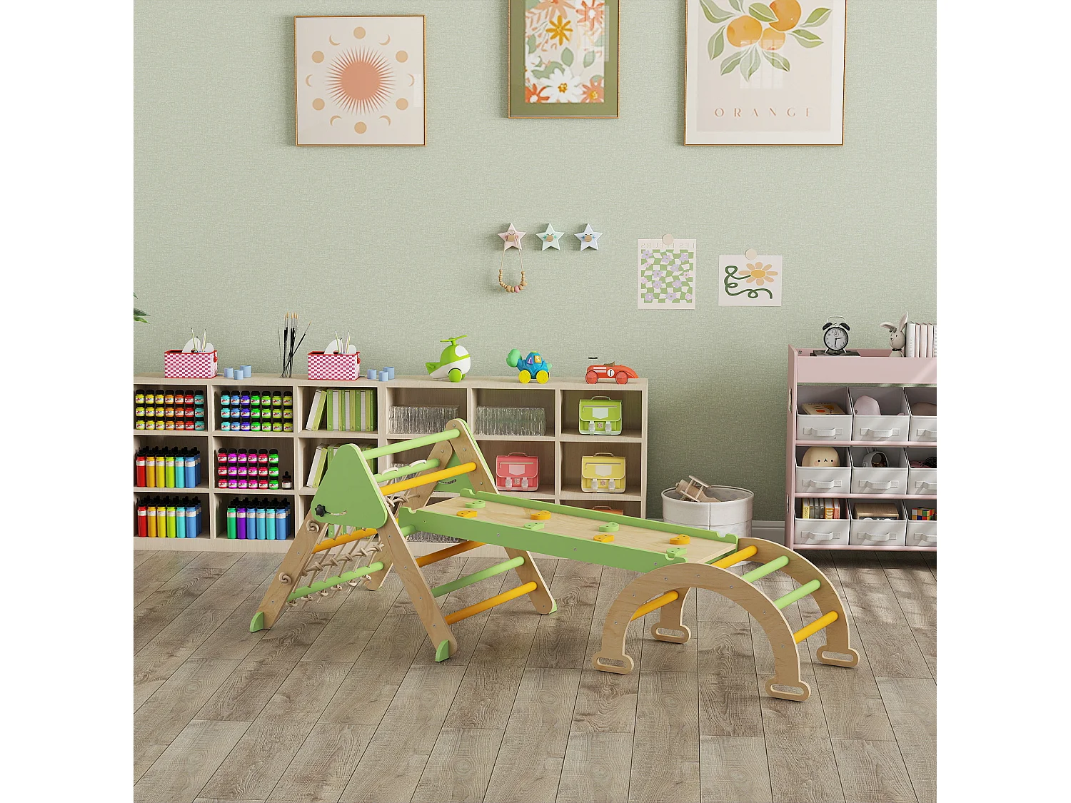 Triangle d'escalade enfant pliable 8 en 1 - aire de jeu enfant - bois vert