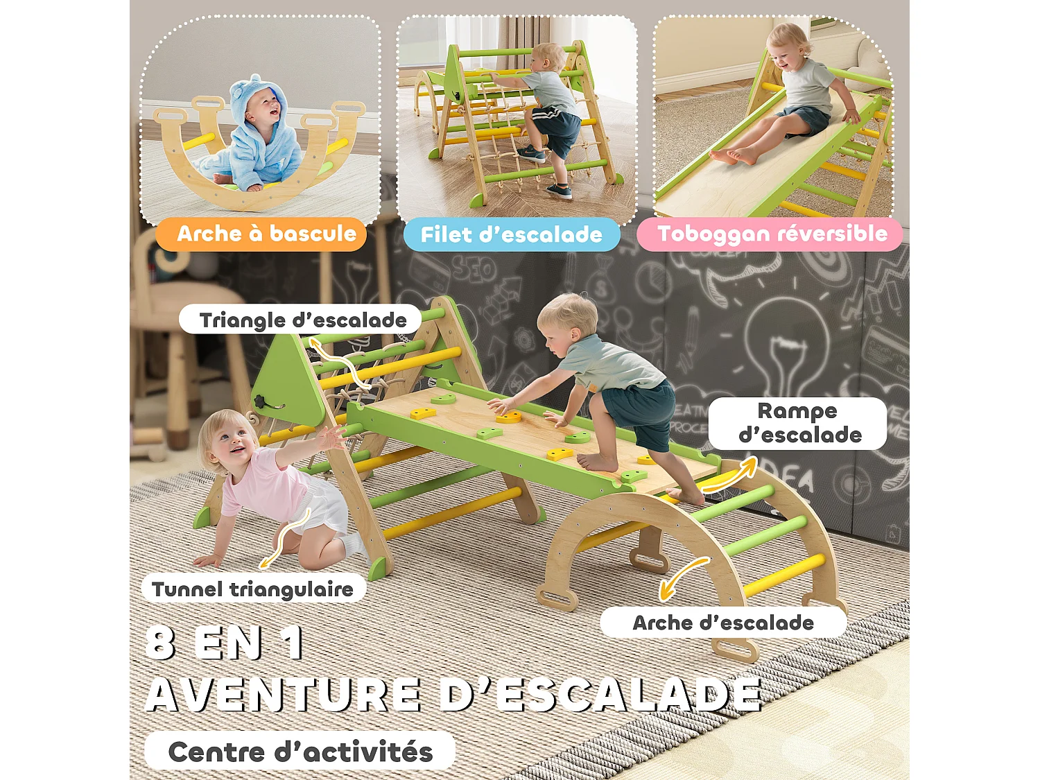 Triangle d'escalade enfant pliable 8 en 1 - aire de jeu enfant - bois vert