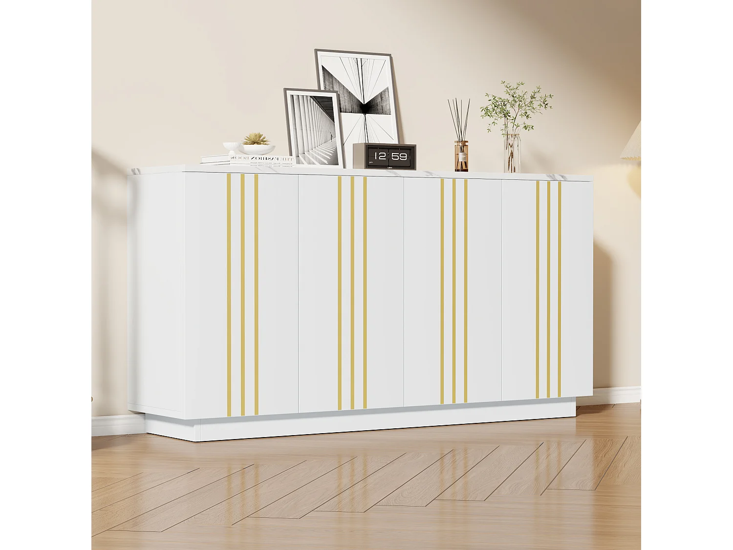 Modernes Wohnzimmer-Sideboard – 140 x 35 x 70 cm – mit 4 Türen – Design mit goldenen Linien verziert – Spanplatte – weiß