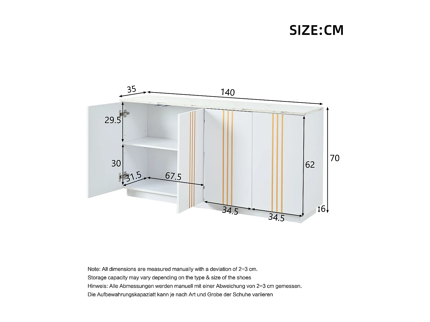 Modernes Wohnzimmer-Sideboard – 140 x 35 x 70 cm – mit 4 Türen – Design mit goldenen Linien verziert – Spanplatte – weiß