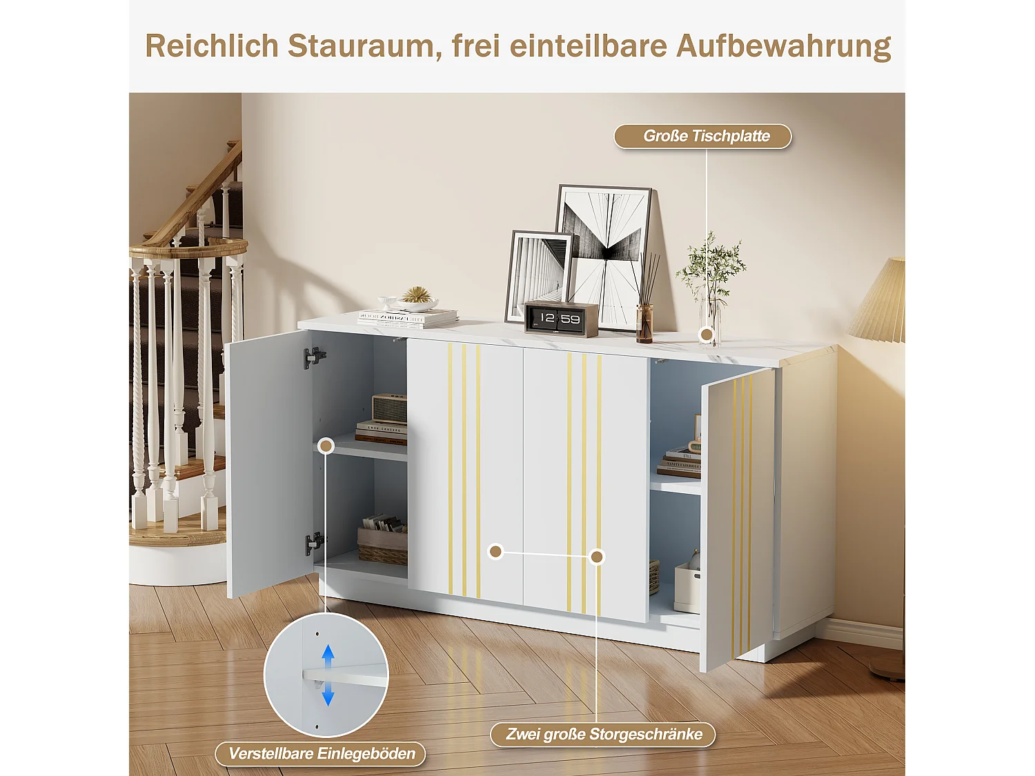 Modernes Wohnzimmer-Sideboard – 140 x 35 x 70 cm – mit 4 Türen – Design mit goldenen Linien verziert – Spanplatte – weiß