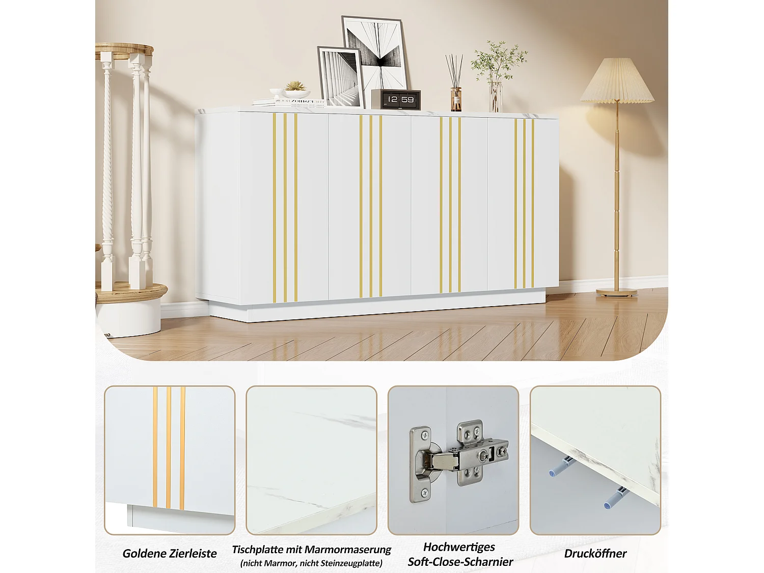 Modernes Wohnzimmer-Sideboard – 140 x 35 x 70 cm – mit 4 Türen – Design mit goldenen Linien verziert – Spanplatte – weiß