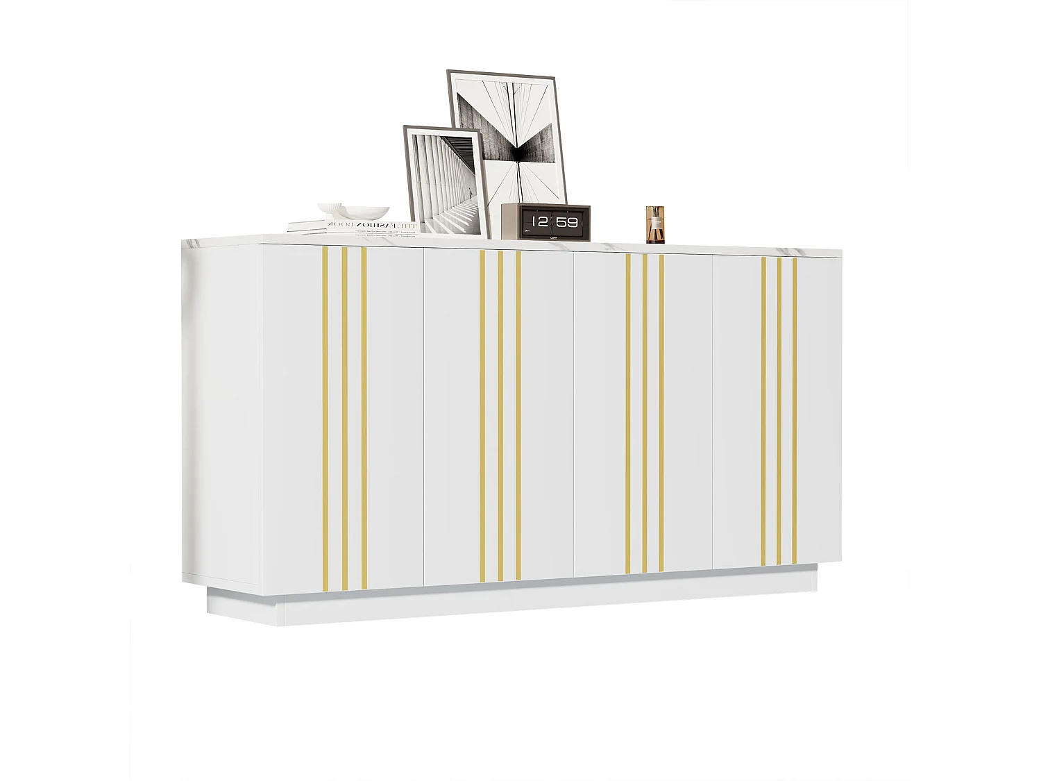 Modernes Wohnzimmer-Sideboard – 140 x 35 x 70 cm – mit 4 Türen – Design mit goldenen Linien verziert – Spanplatte – weiß